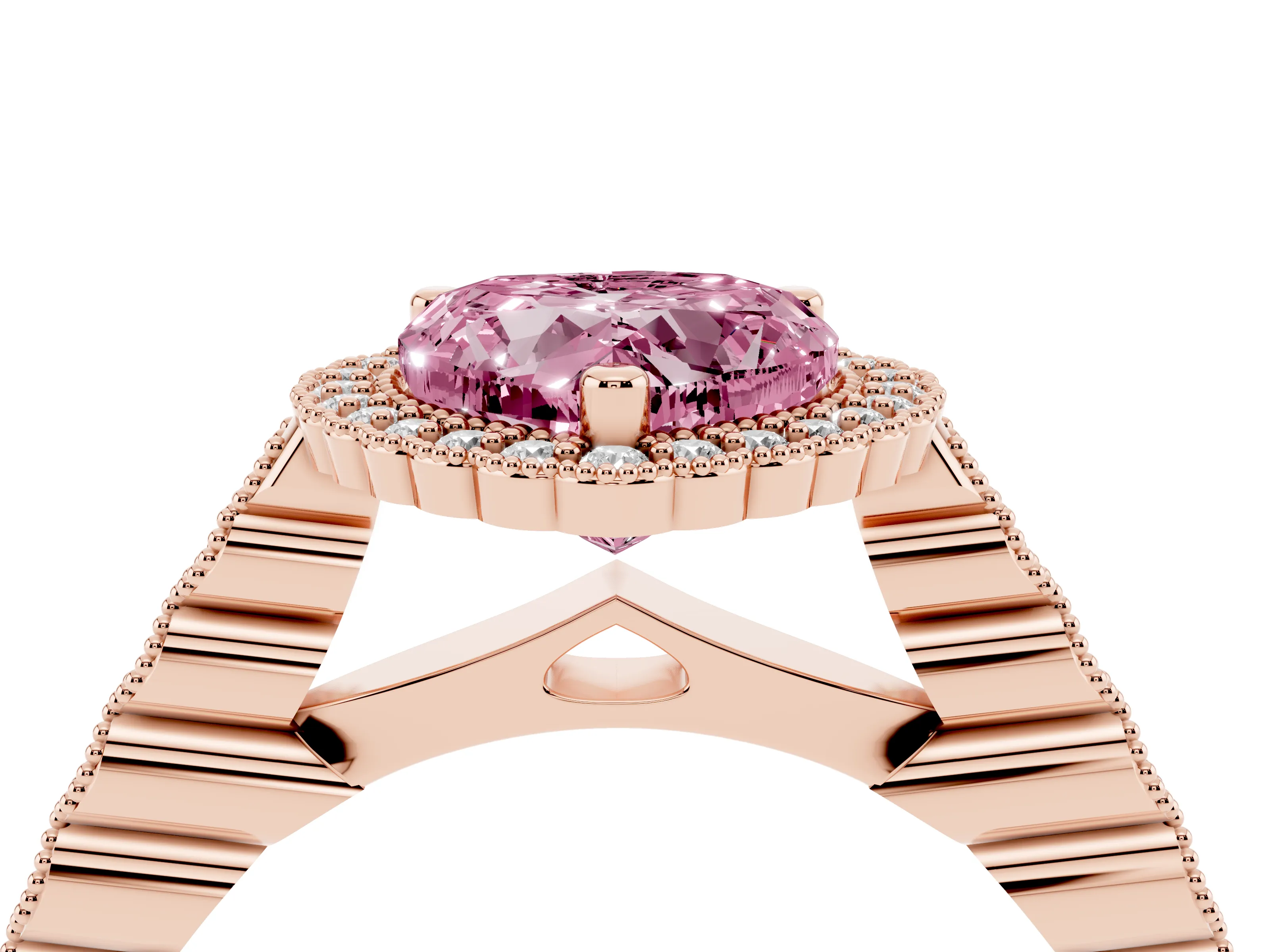 Fancy Pink Heart Cut Diamond Halo Ring Set in Rose gold with Pavé Milgrain Band