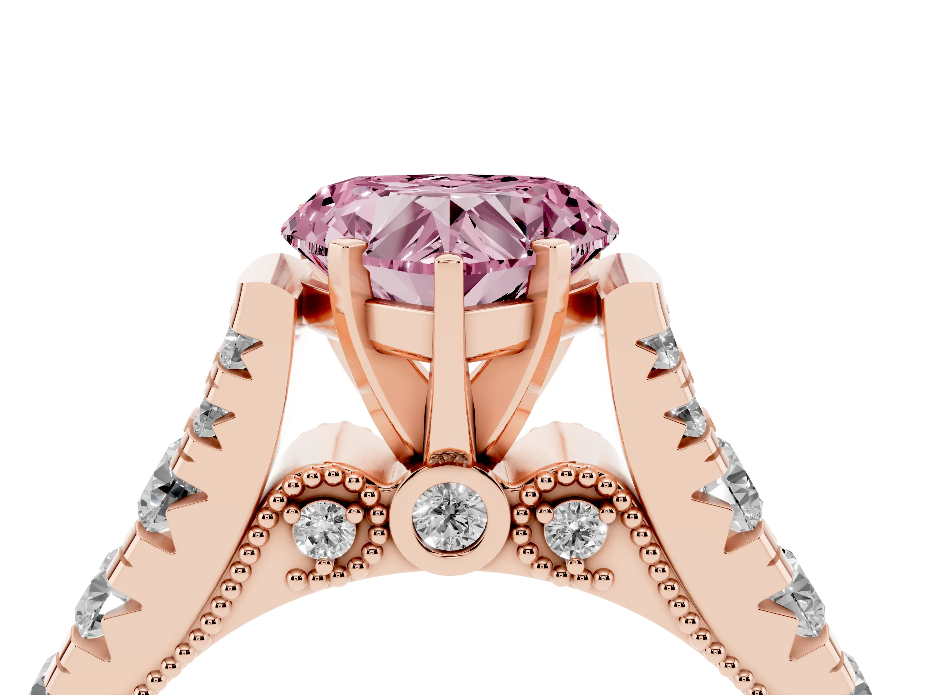 Fancy Pink Heart Cut Diamond Classic Solitaire Ring Set in Rose gold with Pavé Band and Prong Setting