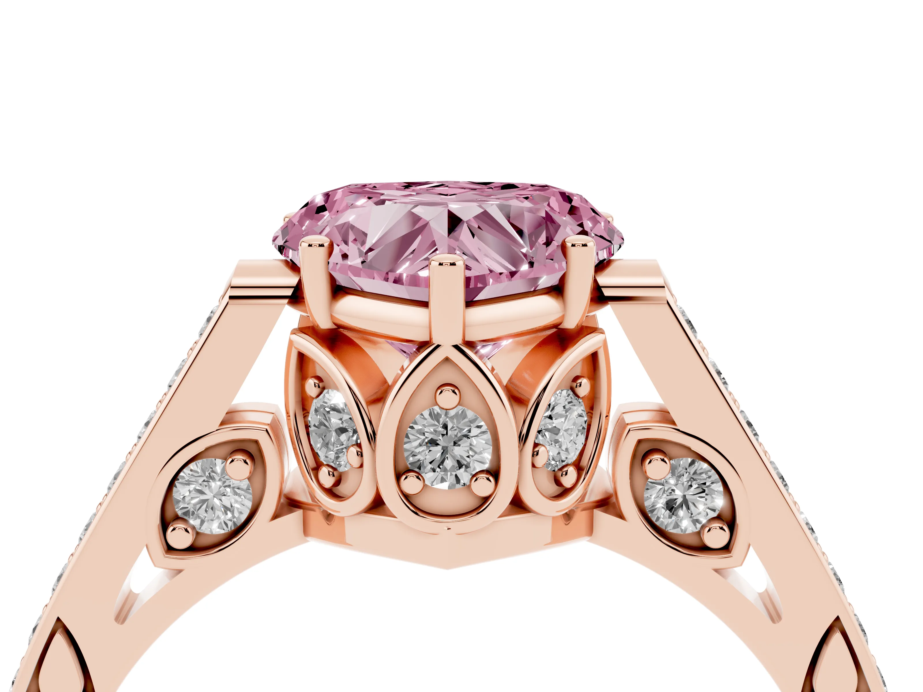 Fancy Pink Heart Cut Diamond Cathedral Pavé Engagement Ring Set in Rose gold with Prong Setting