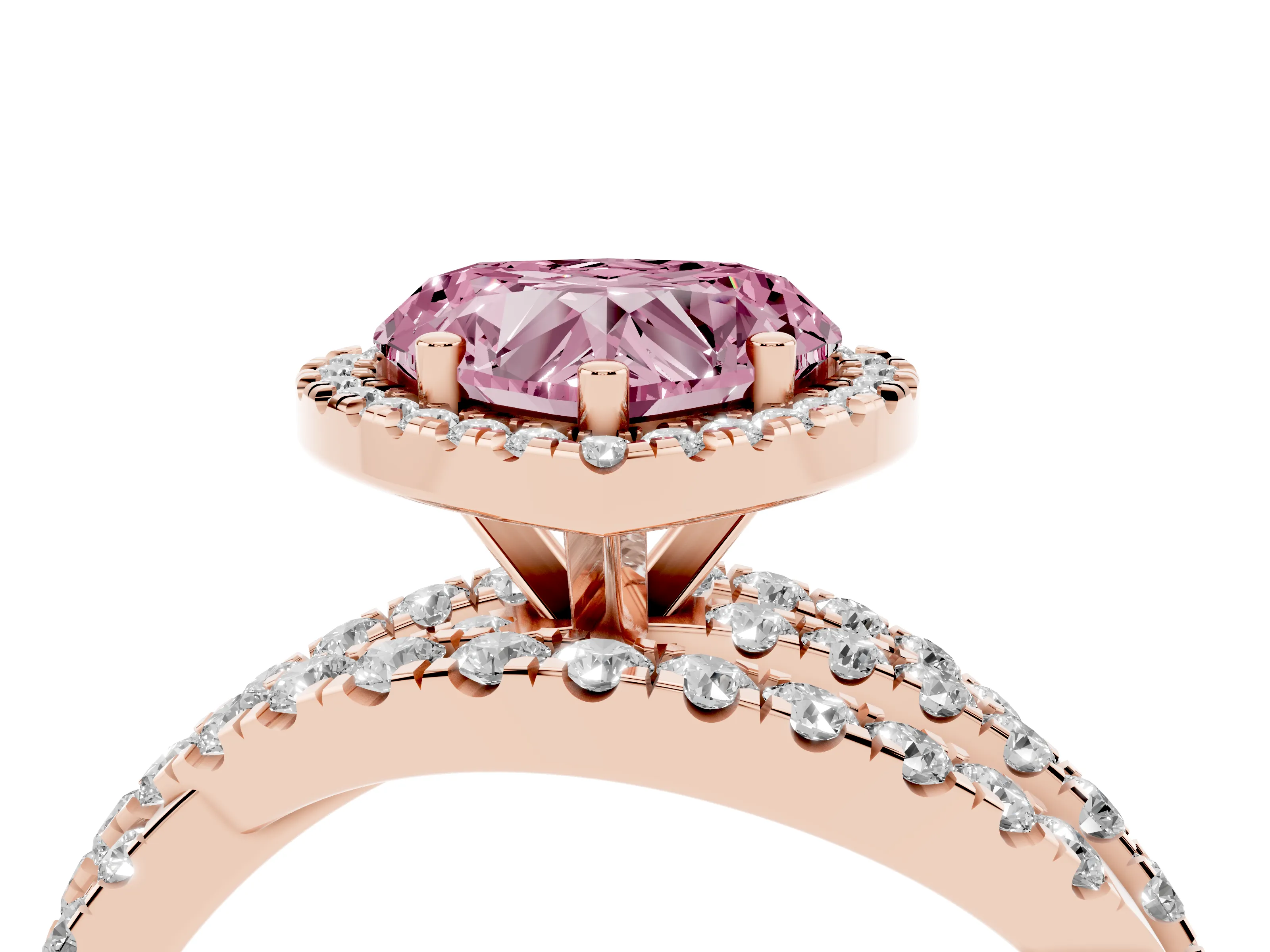 Fancy Pink Heart Cut Diamond Halo Ring Set in Rose gold with Round Crossover Split Shank and Prong Setting