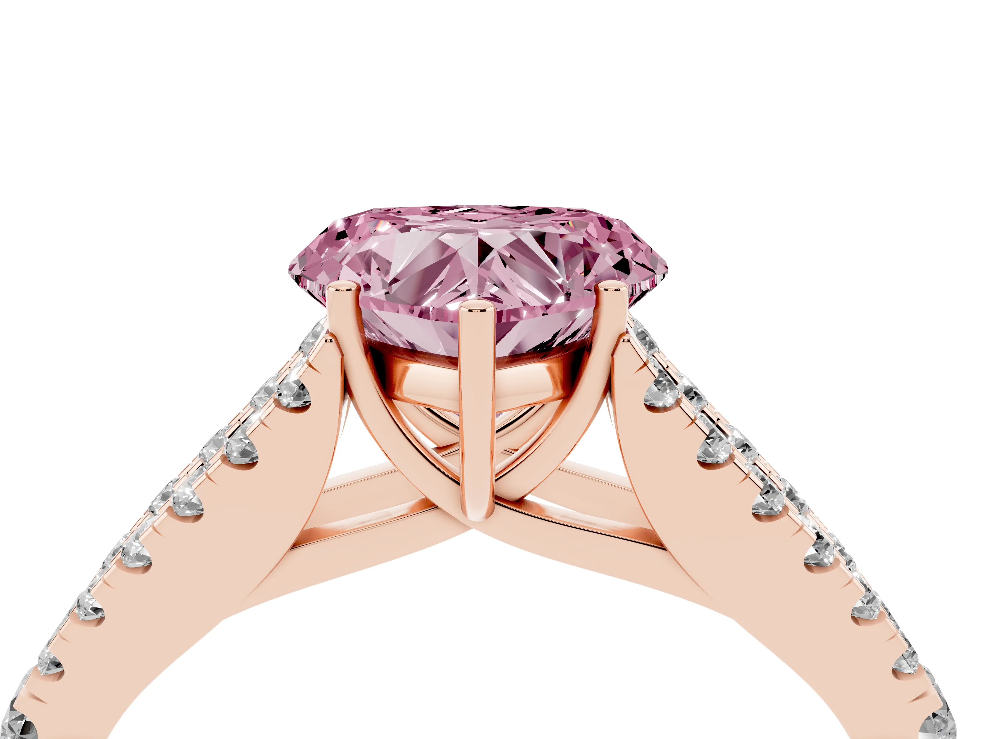 Fancy Pink Heart Cut Diamond Split Shank Pavé Engagement Ring Set in Rose gold with Prong-Held Center Stone