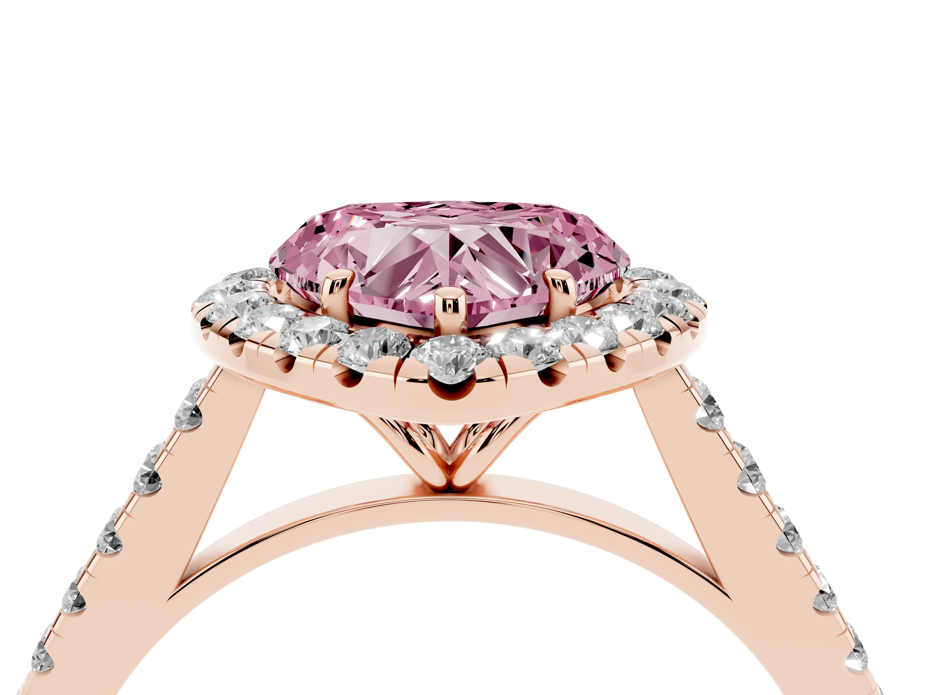 Fancy Pink Heart Cut Diamond Halo Pavé Engagement Ring Set in Rose gold with Prong Setting