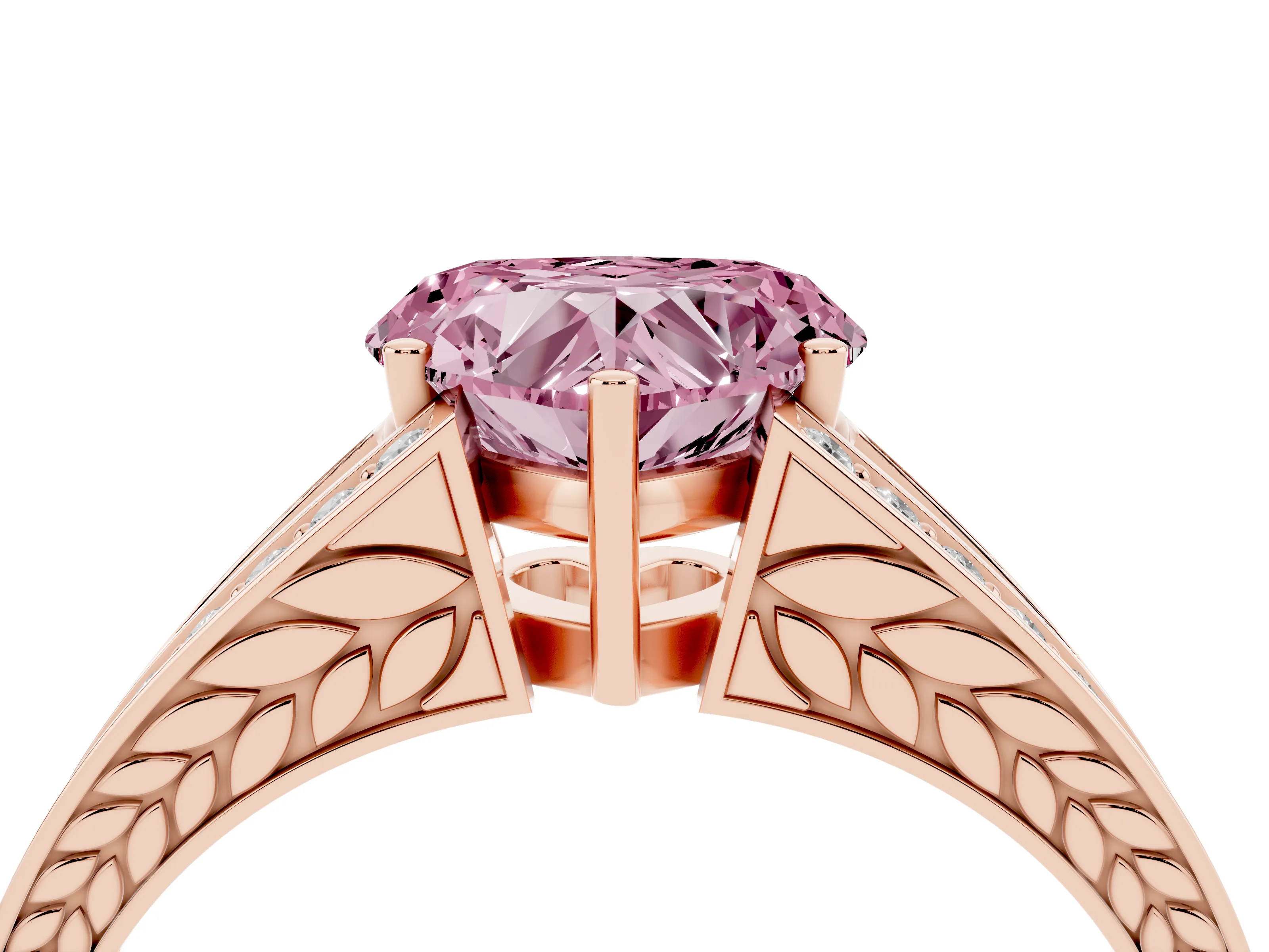 Fancy Pink Heart Cut Diamond Split Shank Ring Set in Rose gold with Pavé Band and Prong Setting