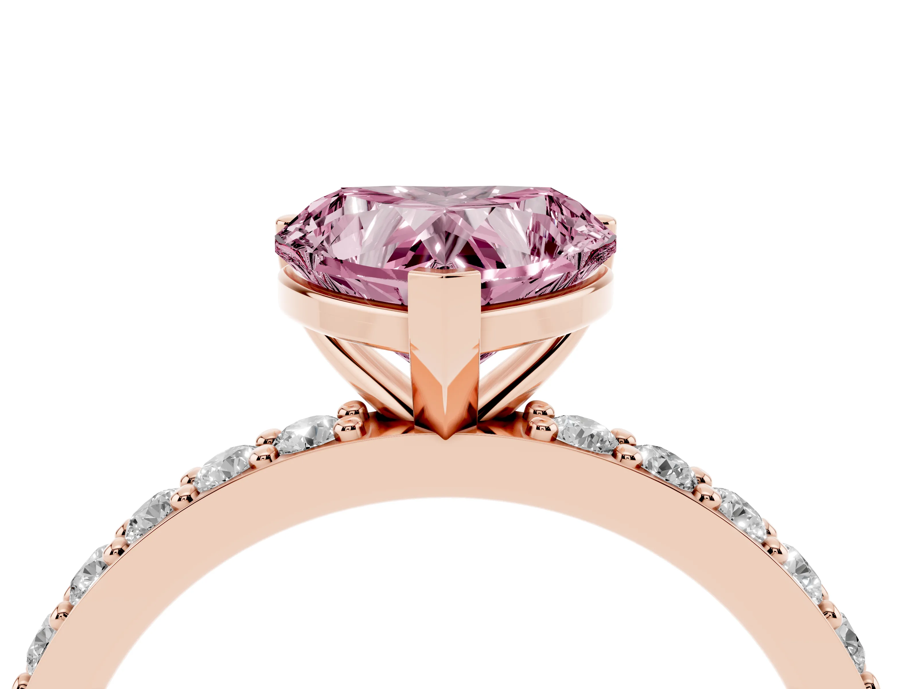 Fancy Pink Heart Cut Diamond Solitaire Set in Rose gold with Round Pavé Band and Prong Setting