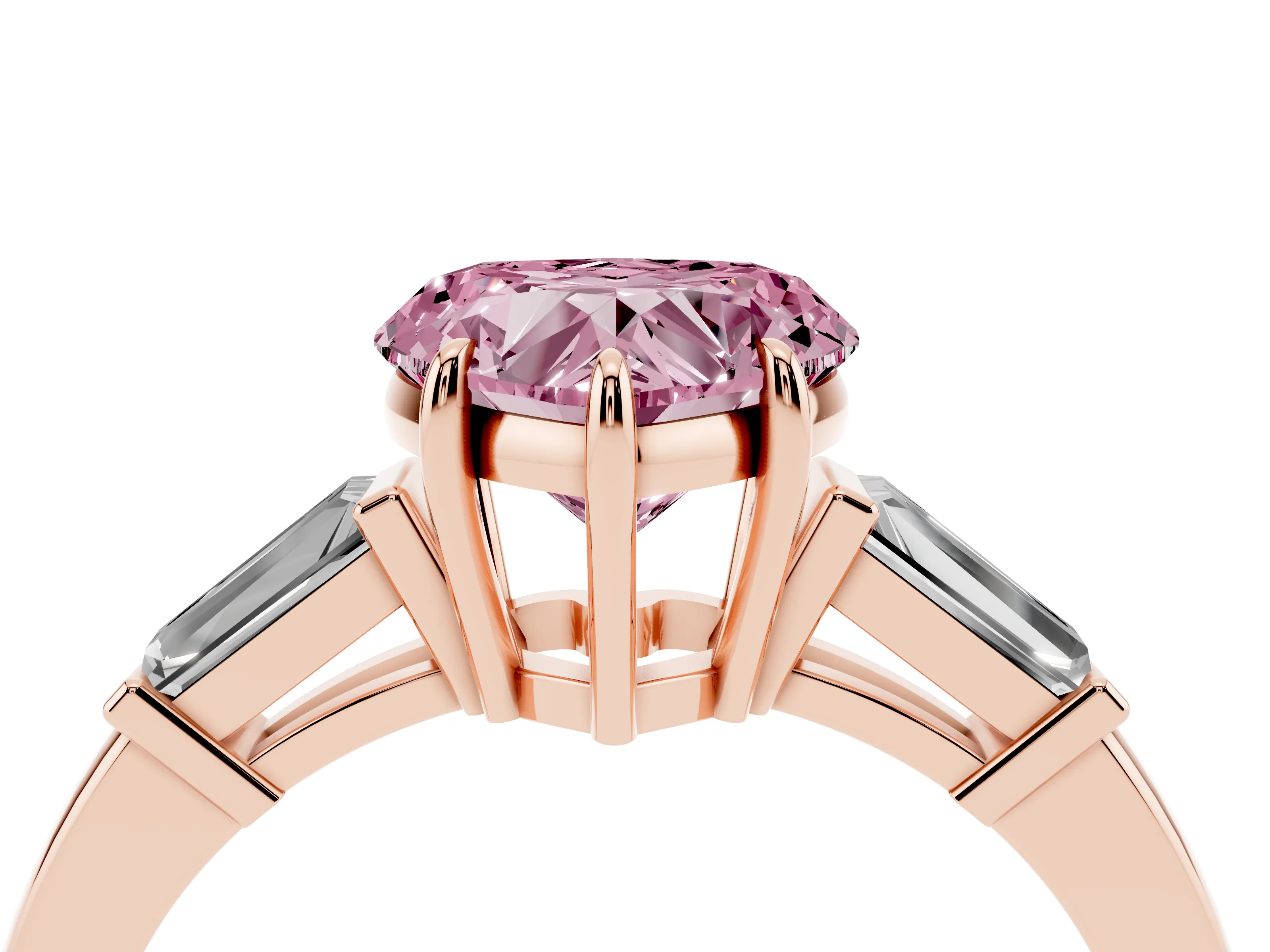 Fancy Pink Heart Cut Diamond Three-Stone Ring Set in Rose gold with Tapered Baguette Side Stones and Prong Setting