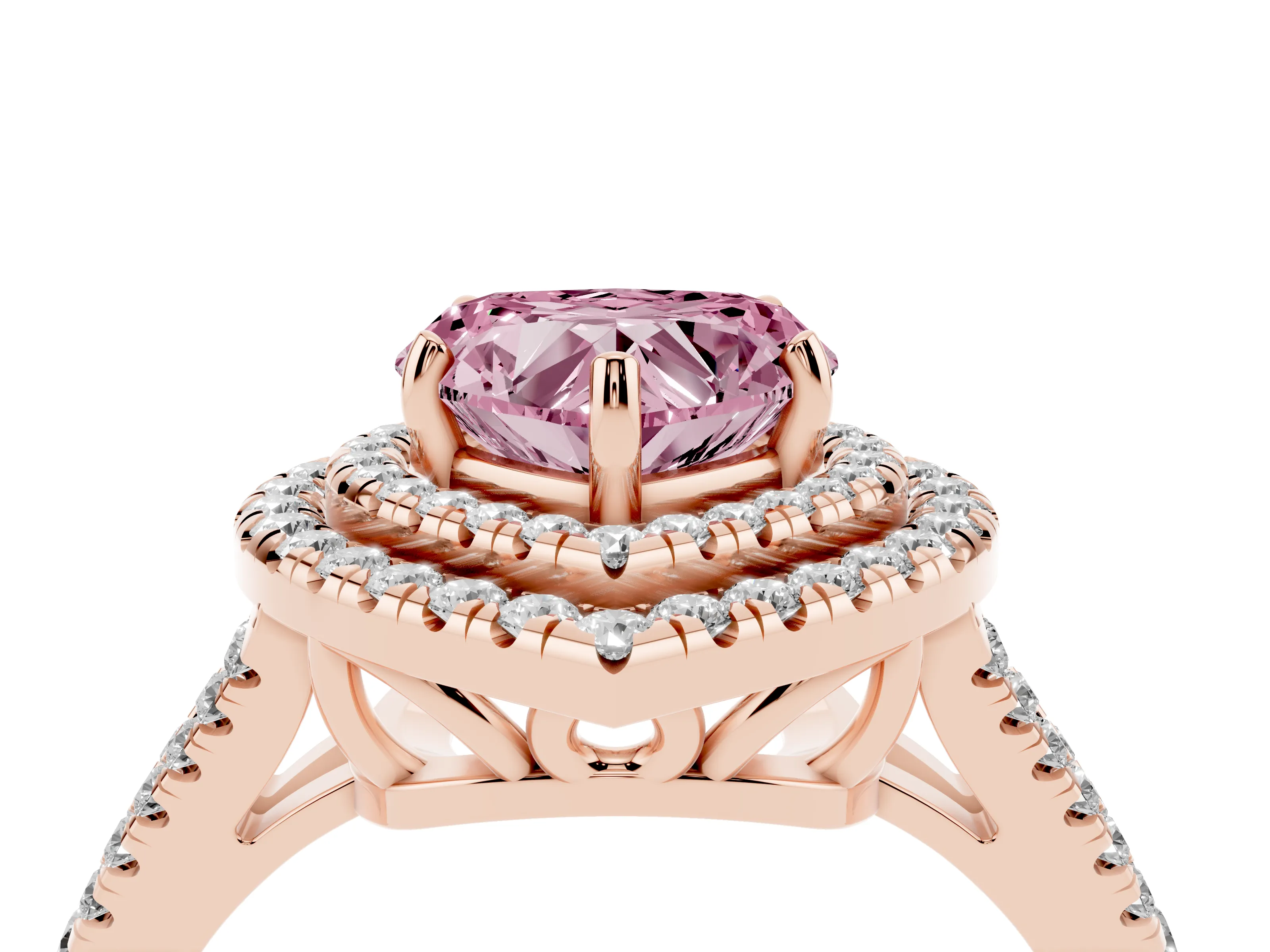 Fancy Pink Heart Cut Diamond Double Halo Ring Set in Rose gold with Pavé Band
