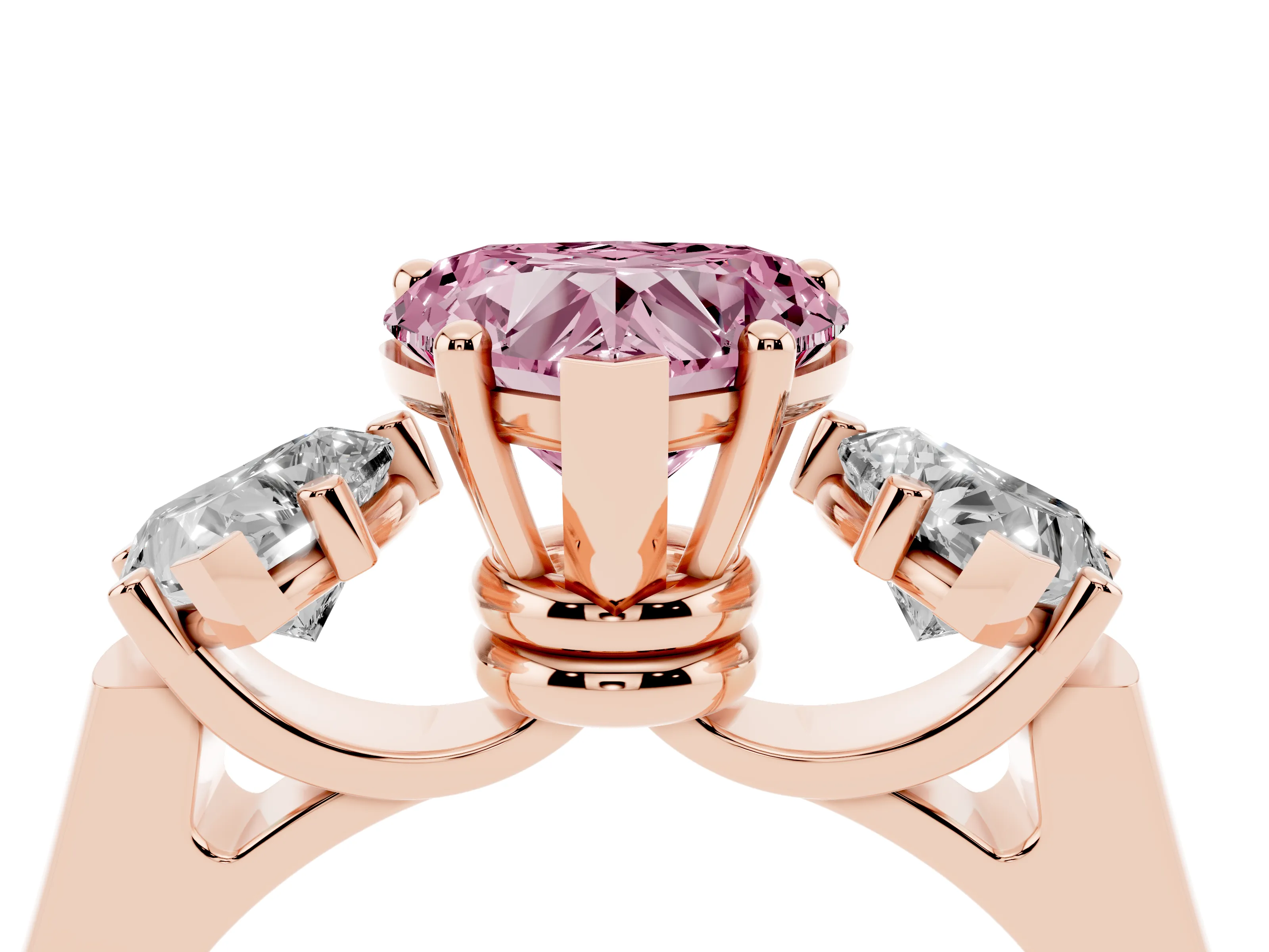 Fancy Pink Heart Cut Diamond Three-Stone Trellis Ring Set in Rose gold with Comfort Fit Band