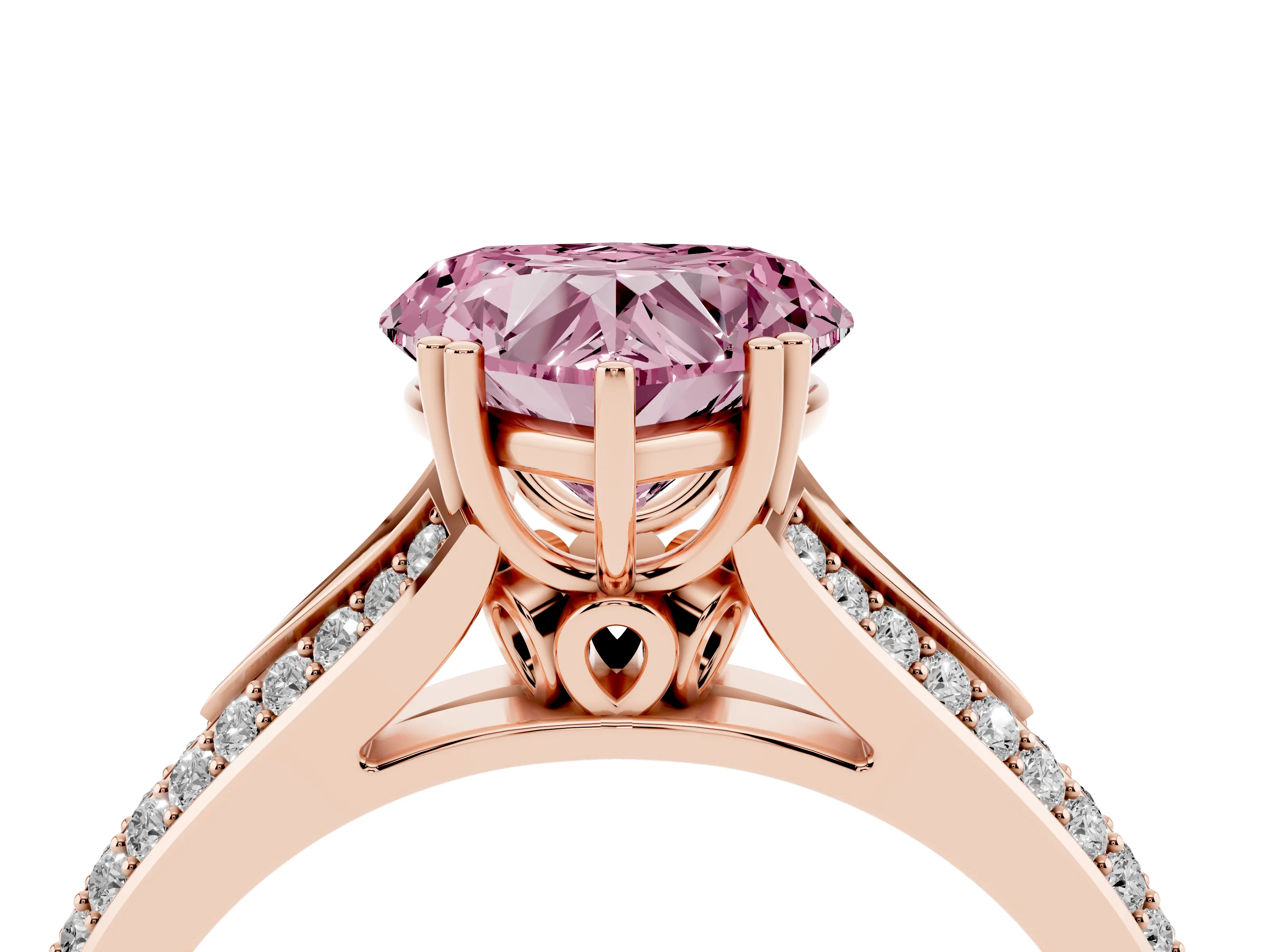 Fancy Pink Heart Cut Diamond Split Shank Pavé Engagement Ring Set in Rose gold with Prong-Set Center Stone