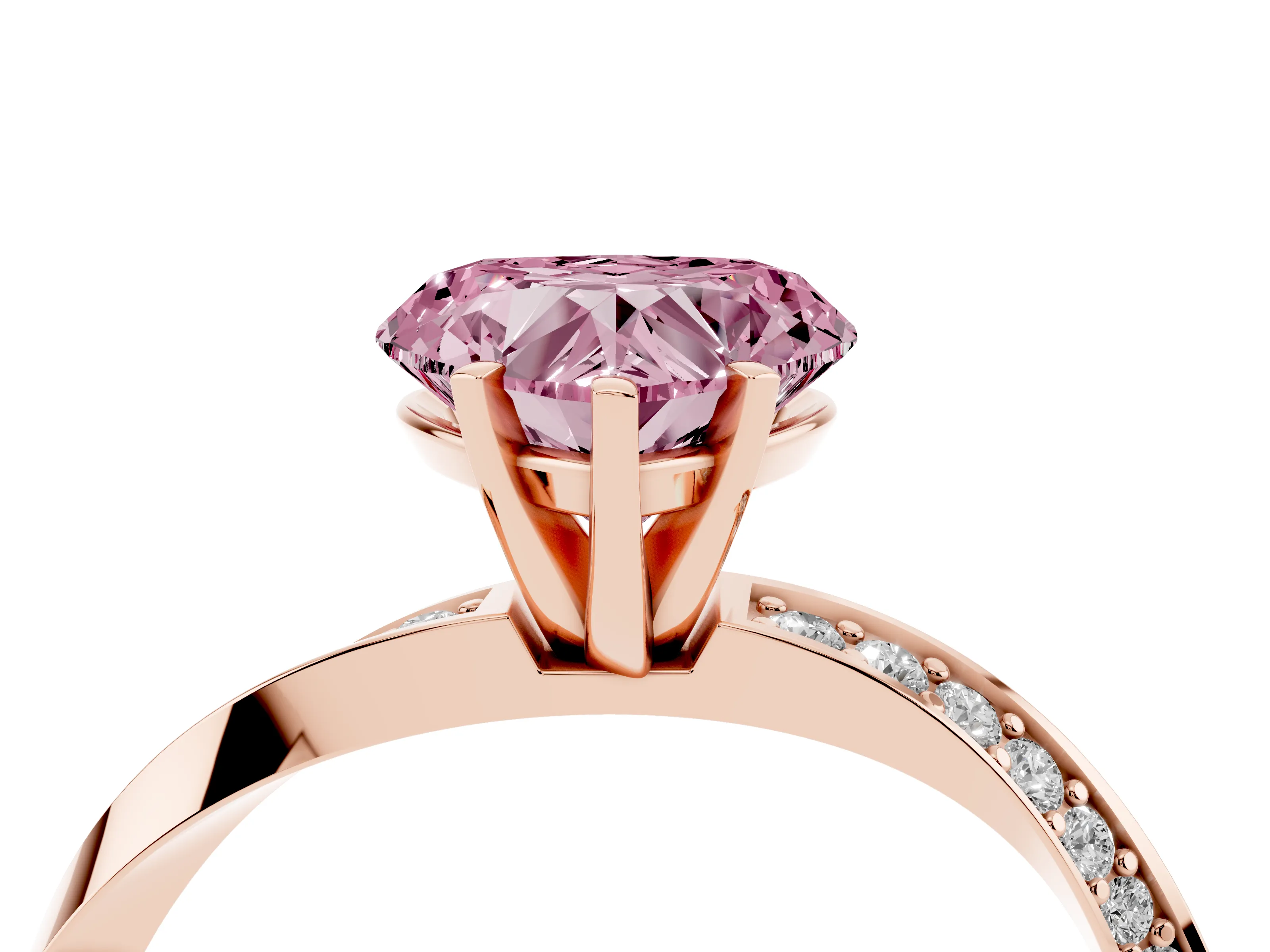 Fancy Pink Heart Cut Diamond Engagement Ring Set in Rose gold with Side Stone Accents and Prong Setting