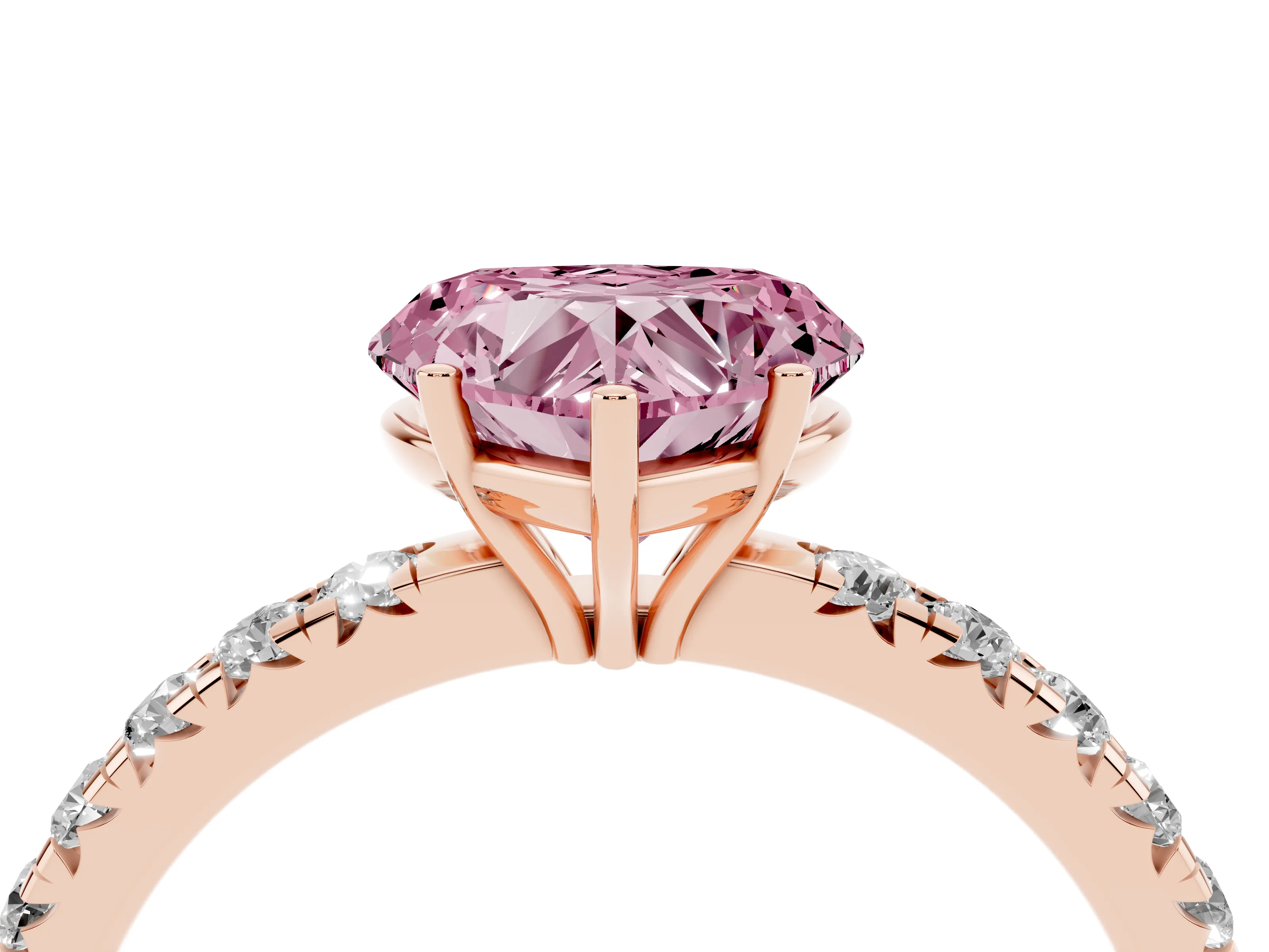 Fancy Pink Heart Cut Diamond Pavé Solitaire Engagement Ring Set in Rose gold with Prong Setting