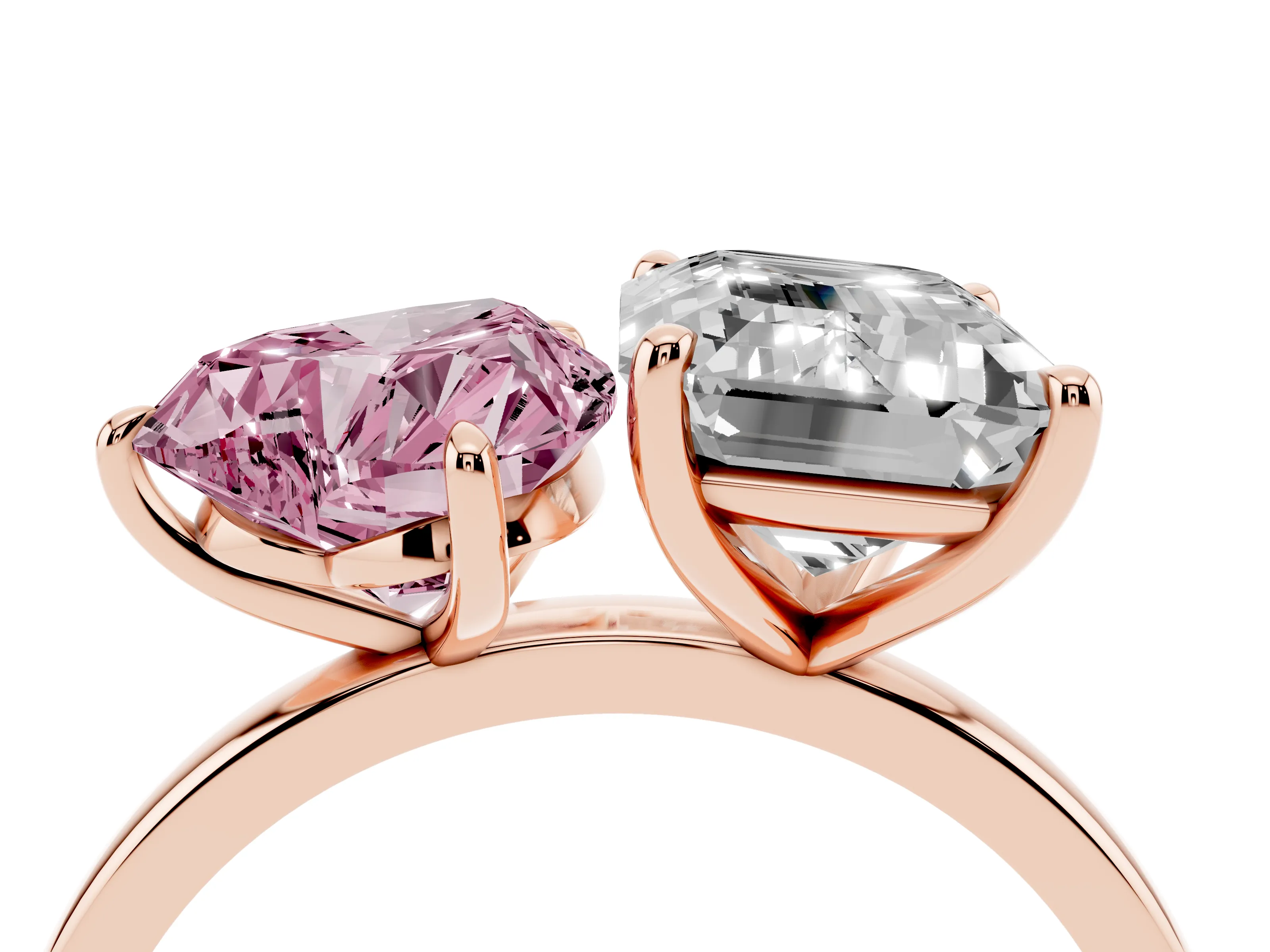 Fancy Pink Heart Cut and Emerald Cut Toi Moi Ring Set in Rose gold with Prong Setting