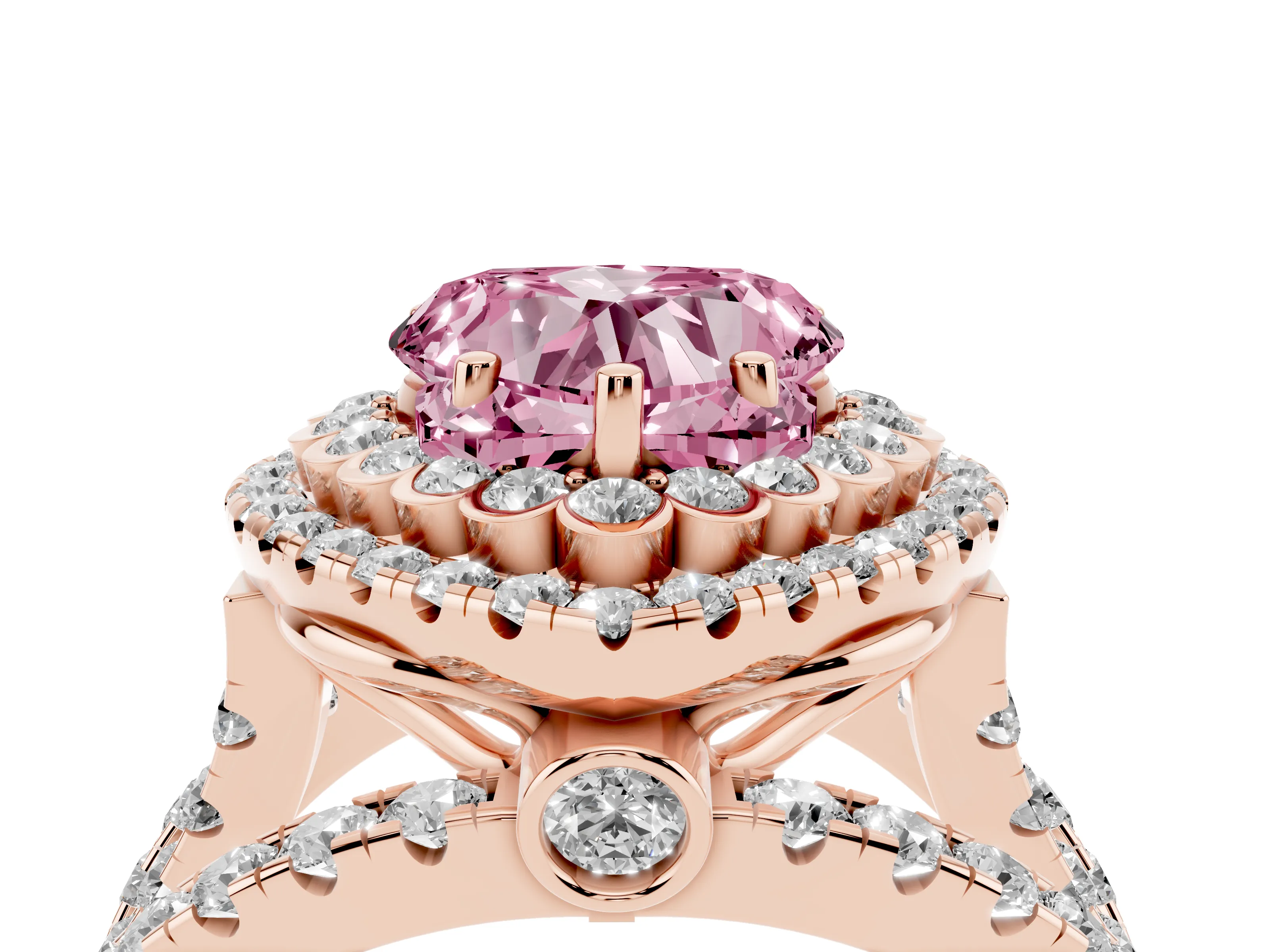 Fancy Pink Heart Cut Diamond Double Halo Ring Set in Rose gold with Round Pavé Split Shank