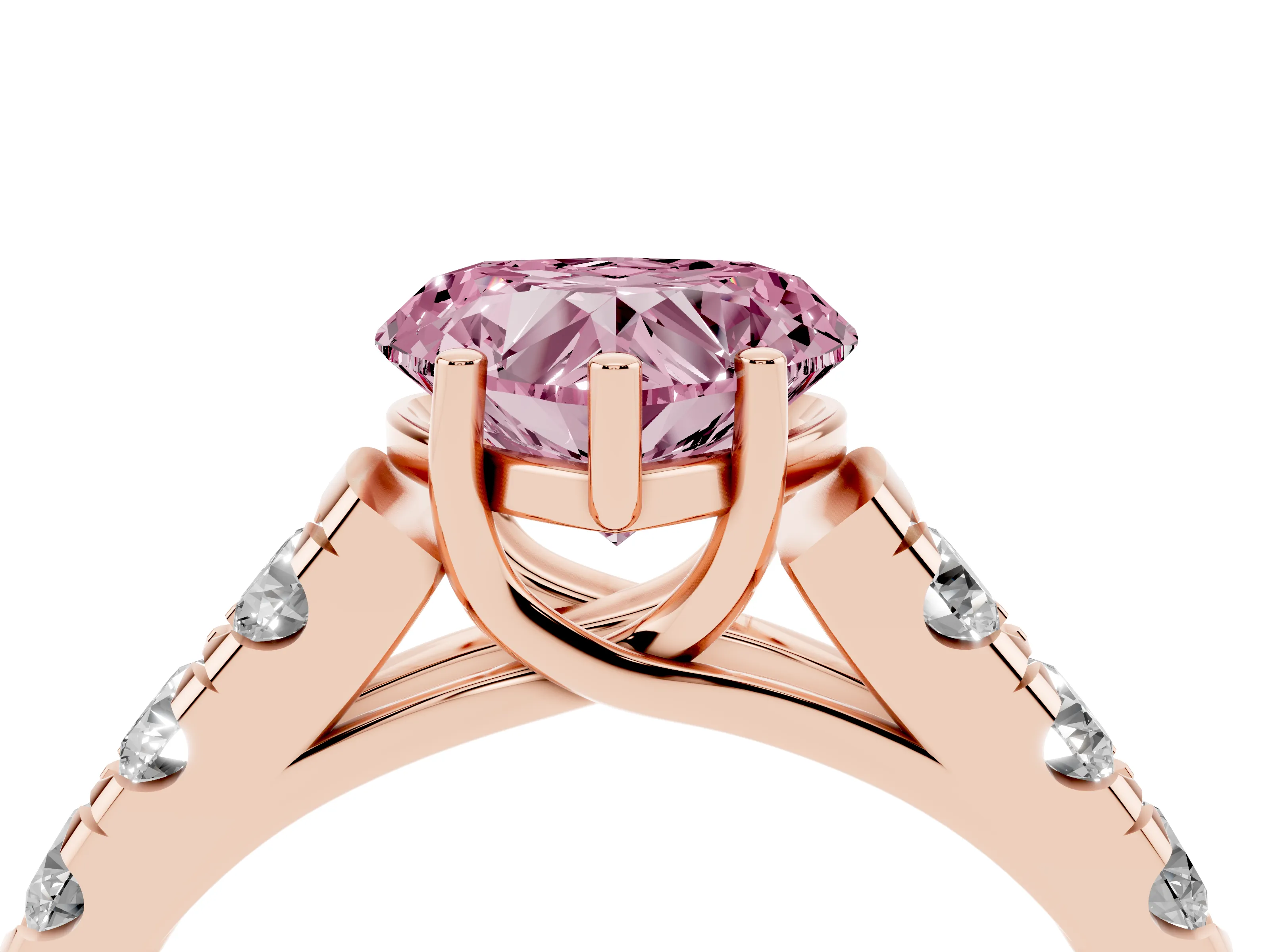 Fancy Pink Heart Cut Diamond Solitaire Ring Set in Rose gold with Cut-Down Micro Pavé Band and Prong Setting