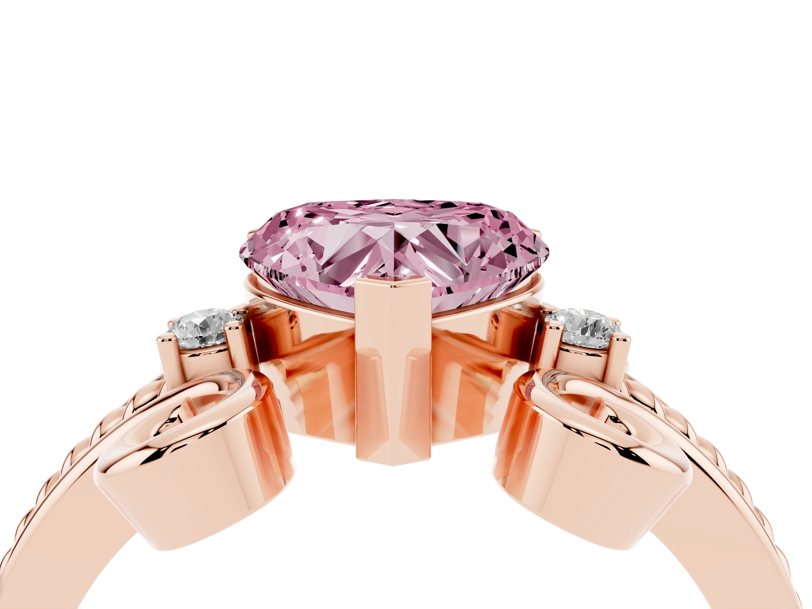 Fancy Pink Heart Cut Diamond Twisted Band Solitaire Ring Set in Rose gold with Scroll Prongs