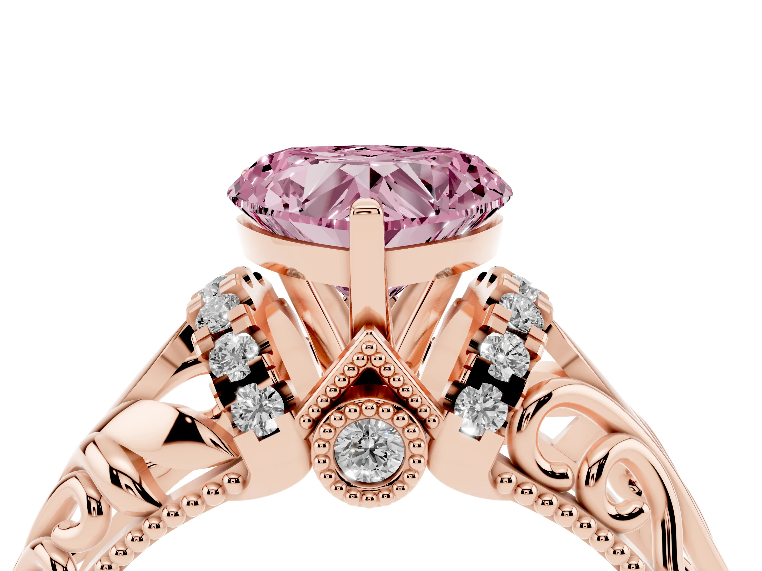 Fancy Pink Heart Cut Diamond Filigree Halo Engagement Ring Set in Rose gold with Prong Setting