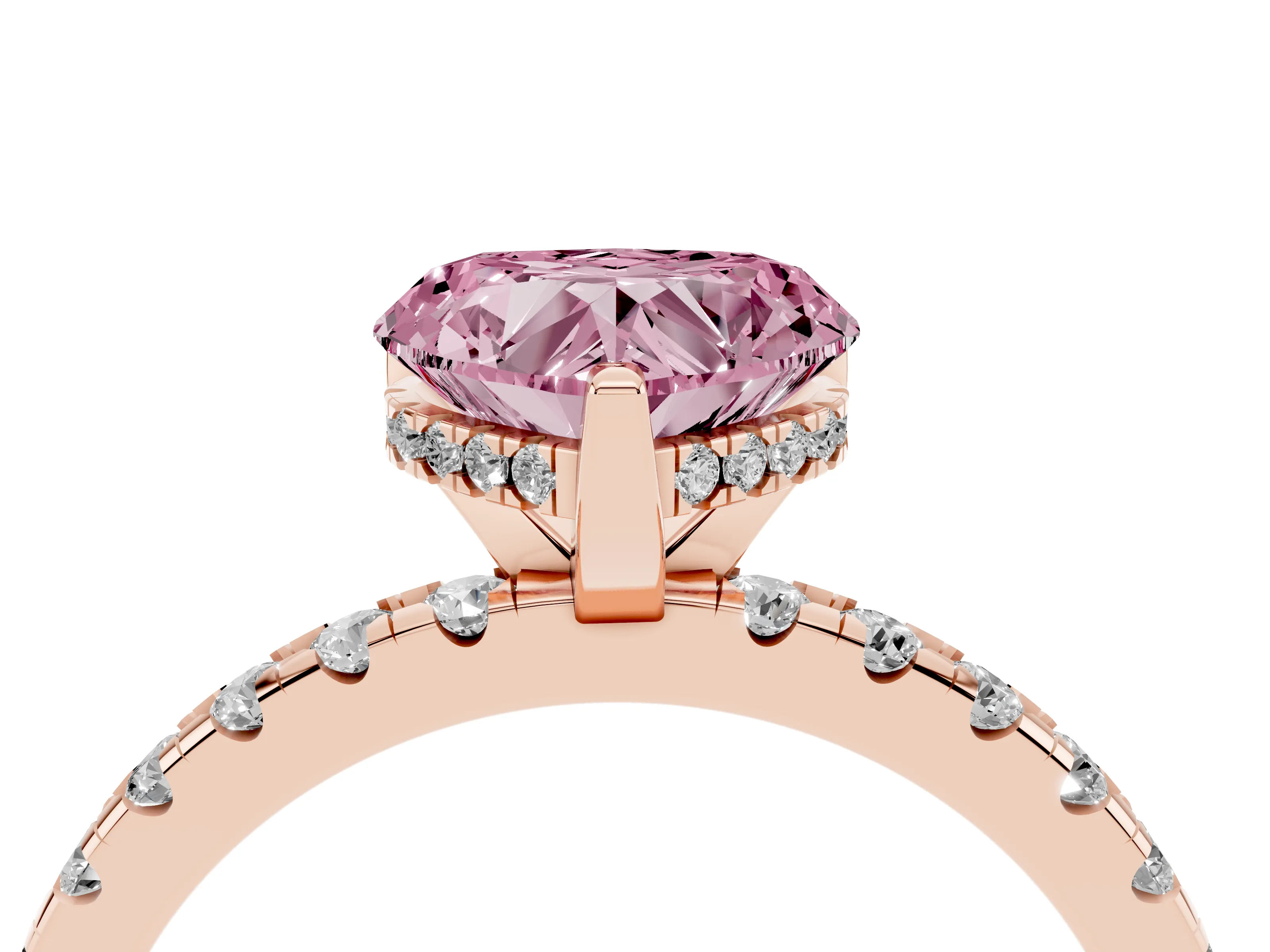 Fancy Pink Heart Cut Diamond Pavé Solitaire Ring Set in Rose gold with Round Band Accents and Prong Setting
