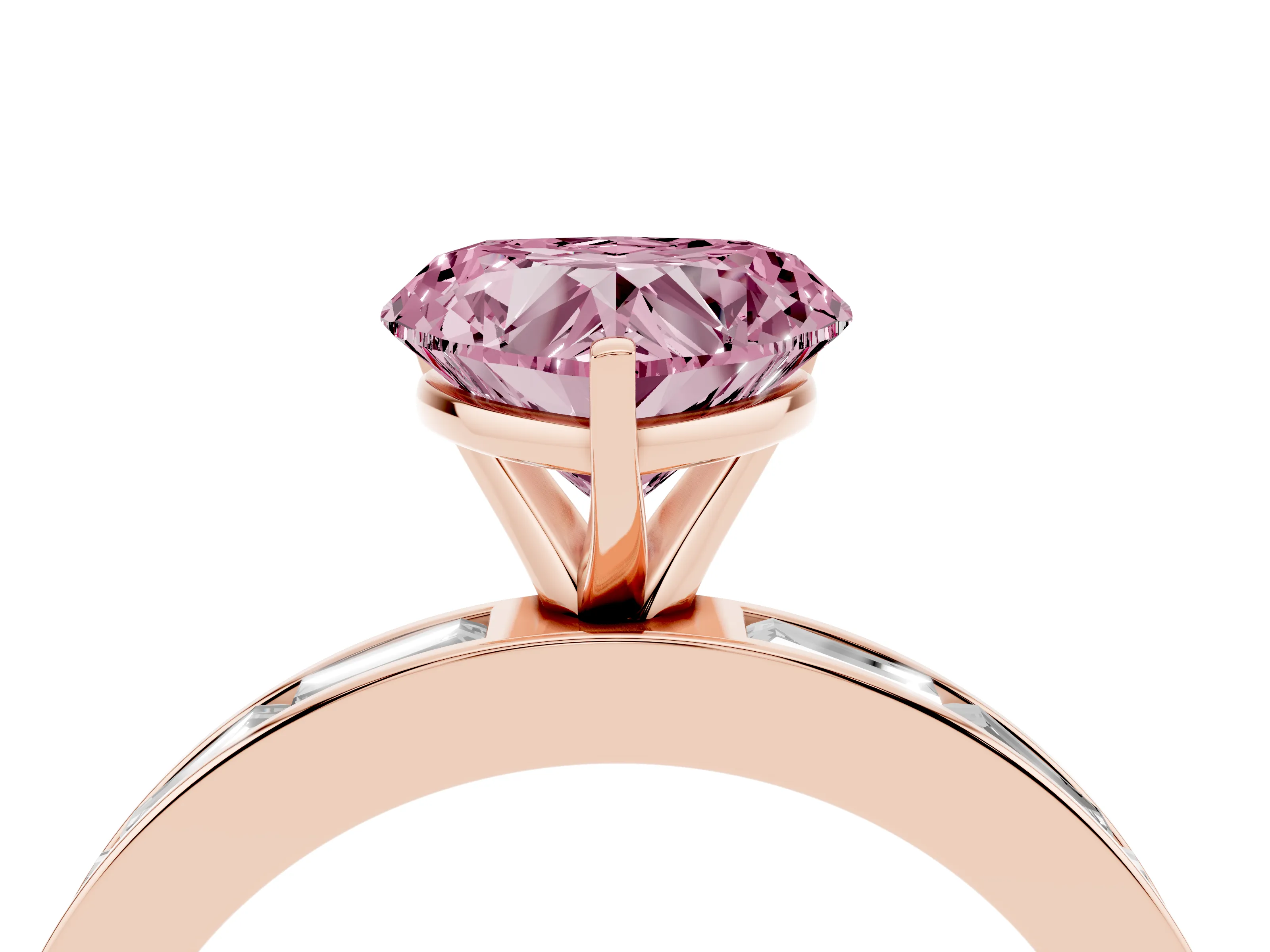 Fancy Pink Heart Cut Diamond Solitaire Ring Set in Rose gold with Channel-Set Baguette Band and Prong Setting