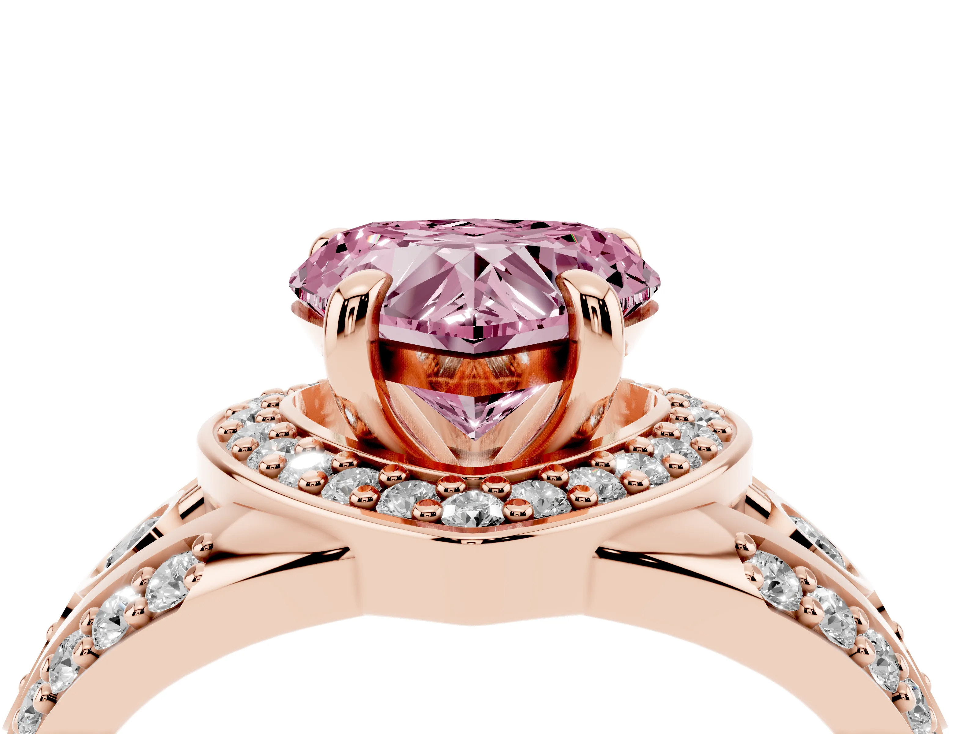 Fancy Pink Heart Cut Diamond Halo Ring Set in Rose gold with Pavé Split Shank and Bezel Accents