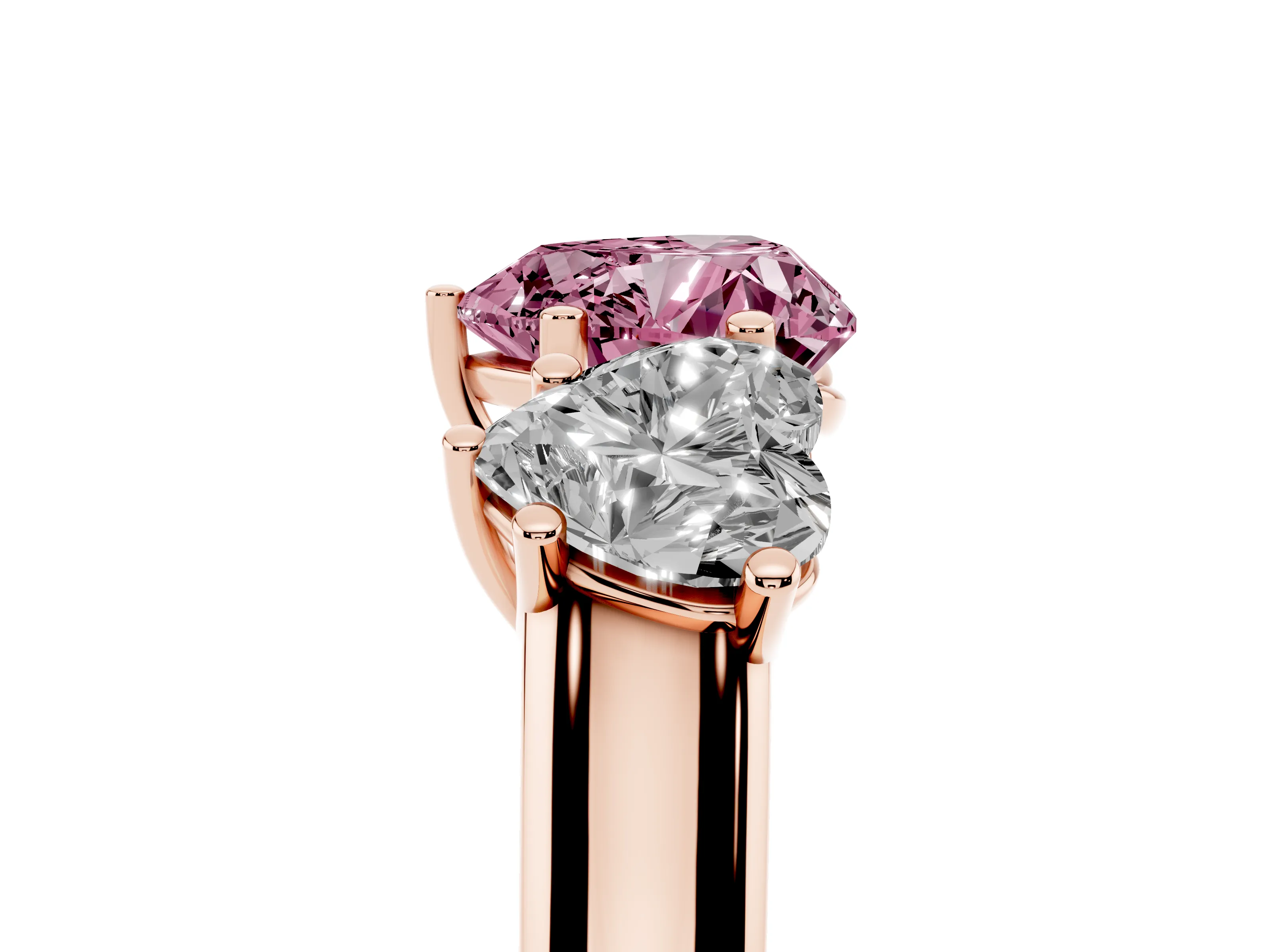 Fancy Pink Heart Cut Diamond Three-Stone Ring Set in Rose gold with Plain Polished Band