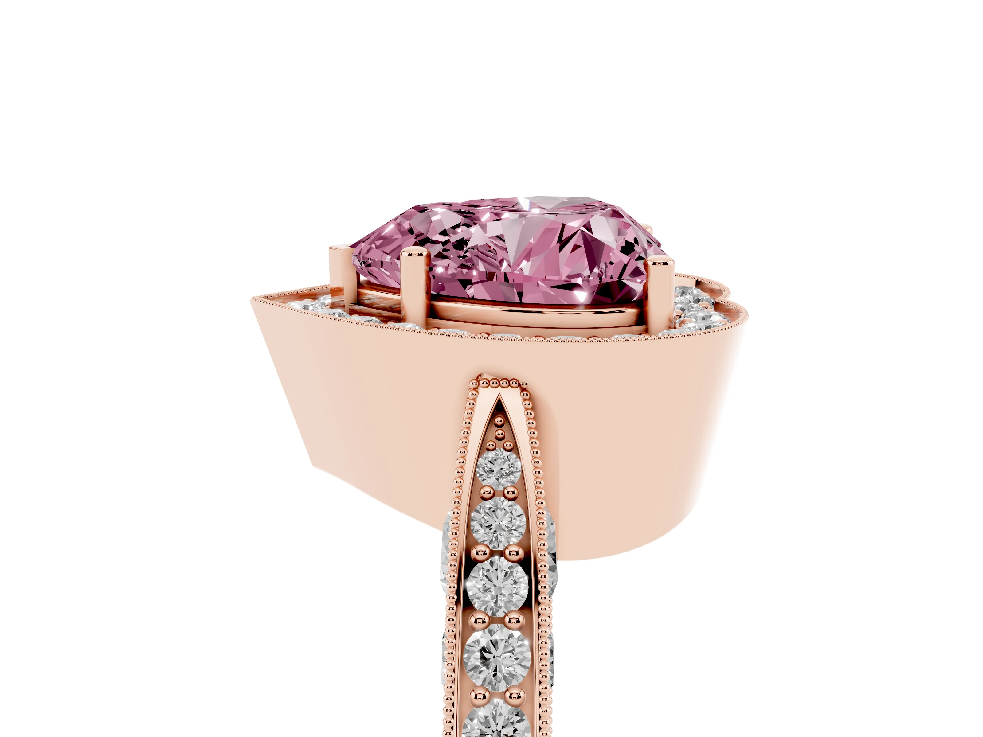 Fancy Pink Heart Cut Diamond Halo Engagement Ring Set in Rose gold with Accent Split Shank Band