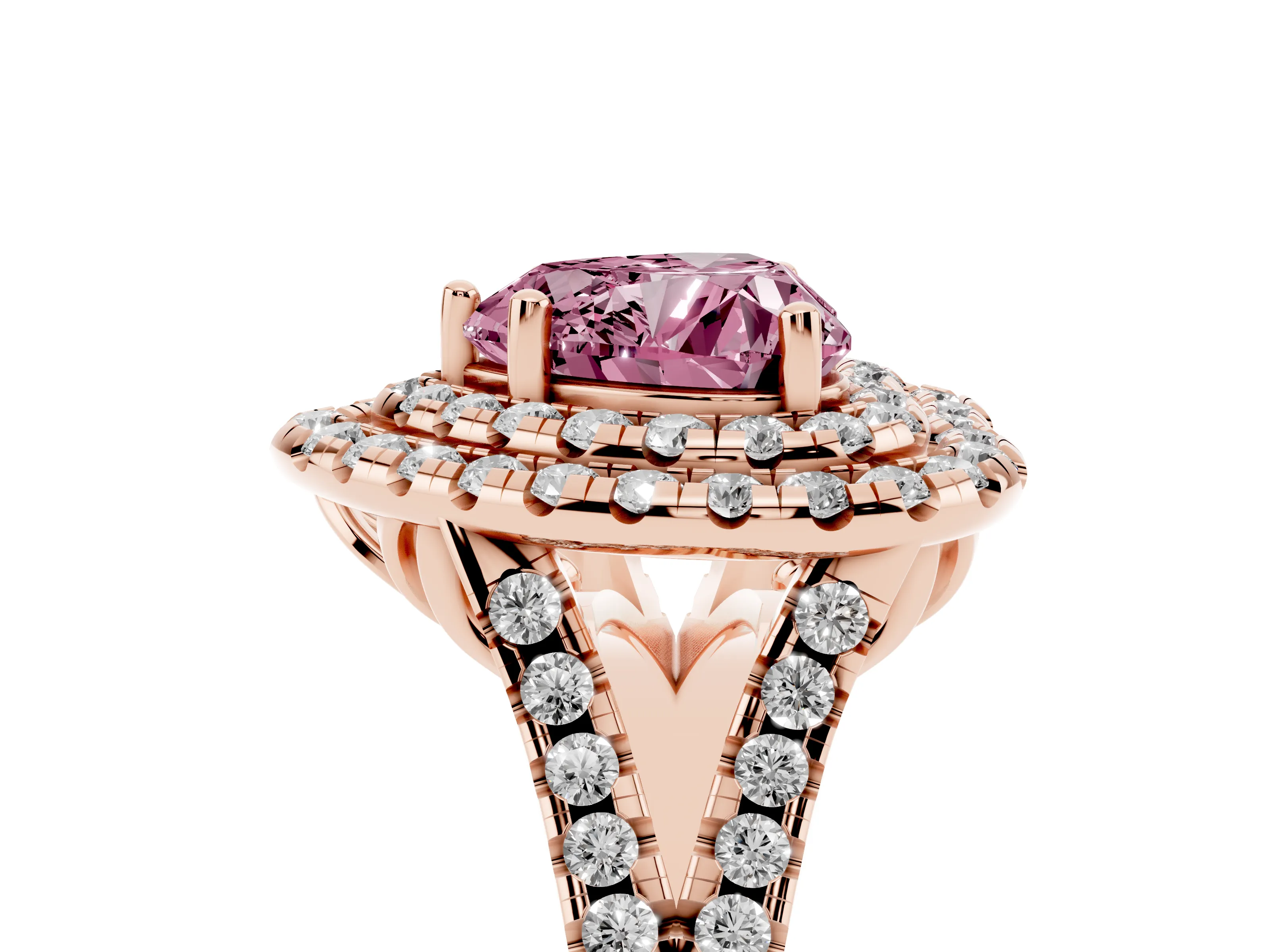 Fancy Pink Heart Cut Diamond Double Halo Ring Set in Rose gold with Pavé Split Shank and Prong Setting