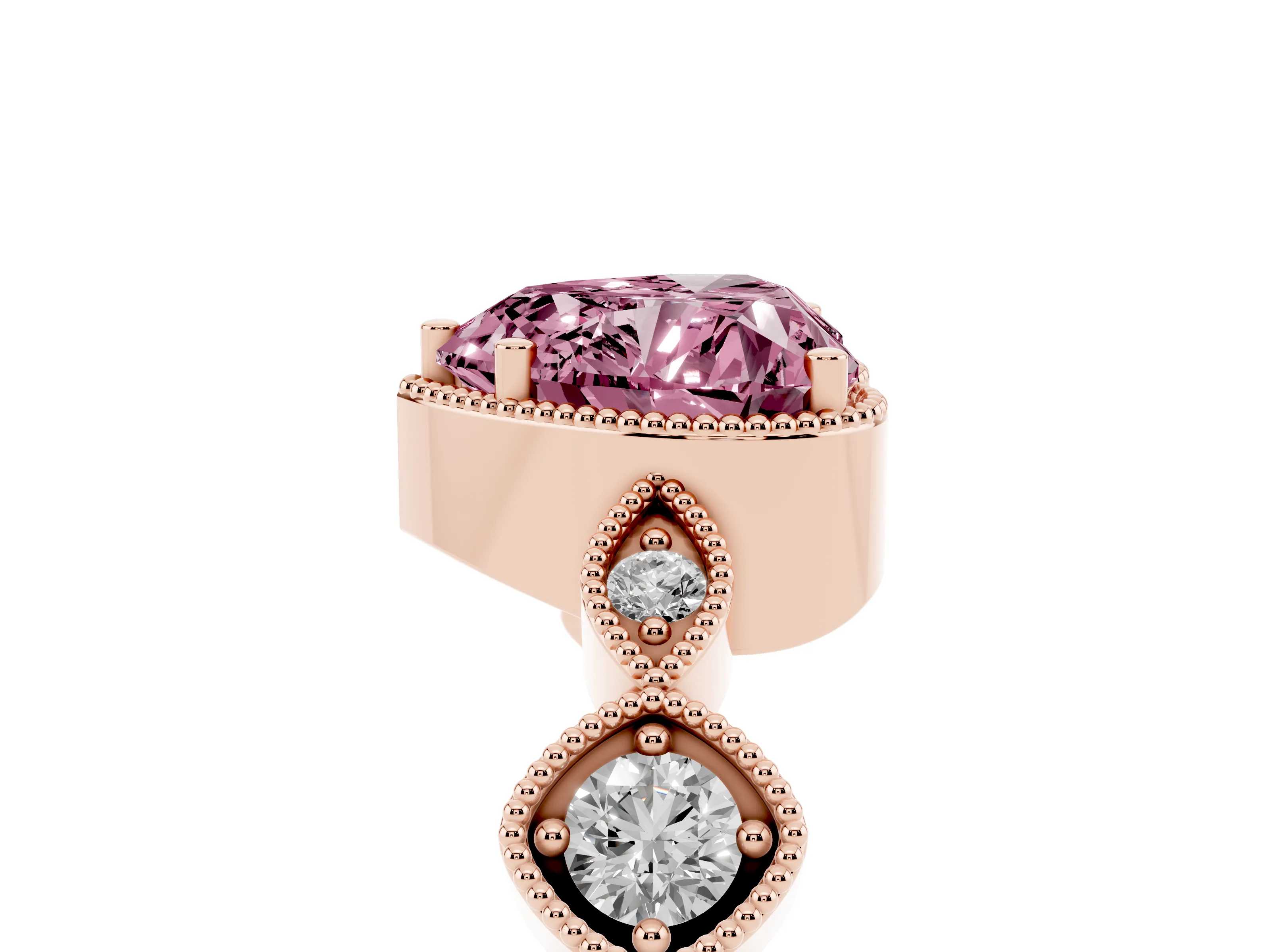 Fancy Pink Heart Cut Diamond Vintage-Inspired Milgrain Ring Set in Rose gold with Marquise Stations of Round Accents