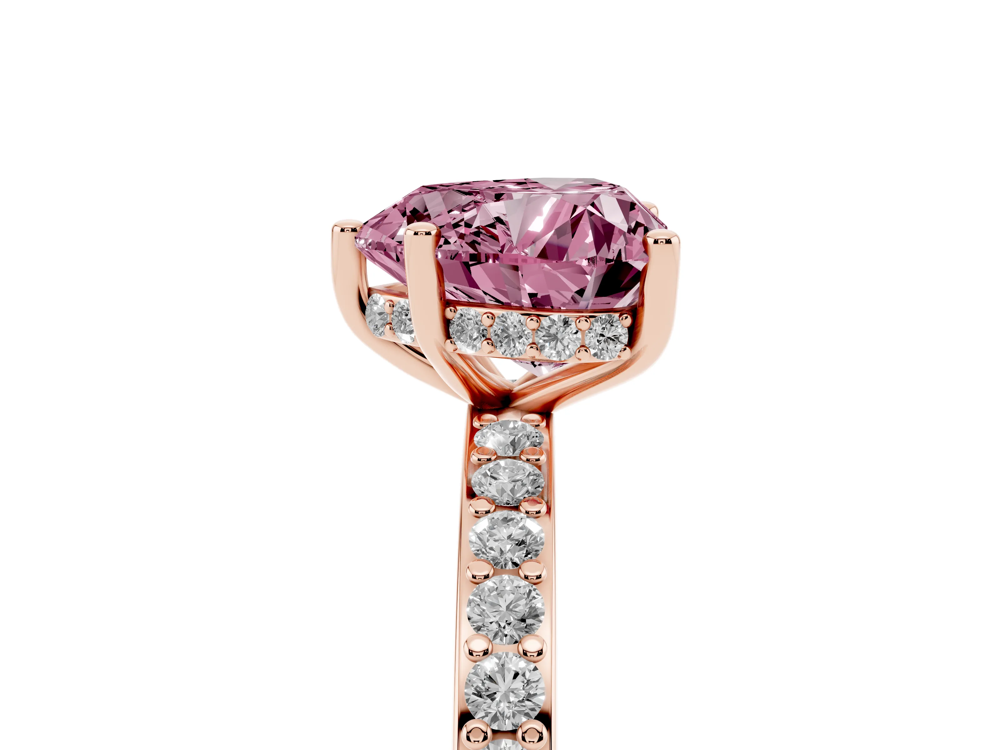 Fancy Pink Heart Cut Diamond Pavé Band Ring Set in Rose gold with Prong-Set Center Stone