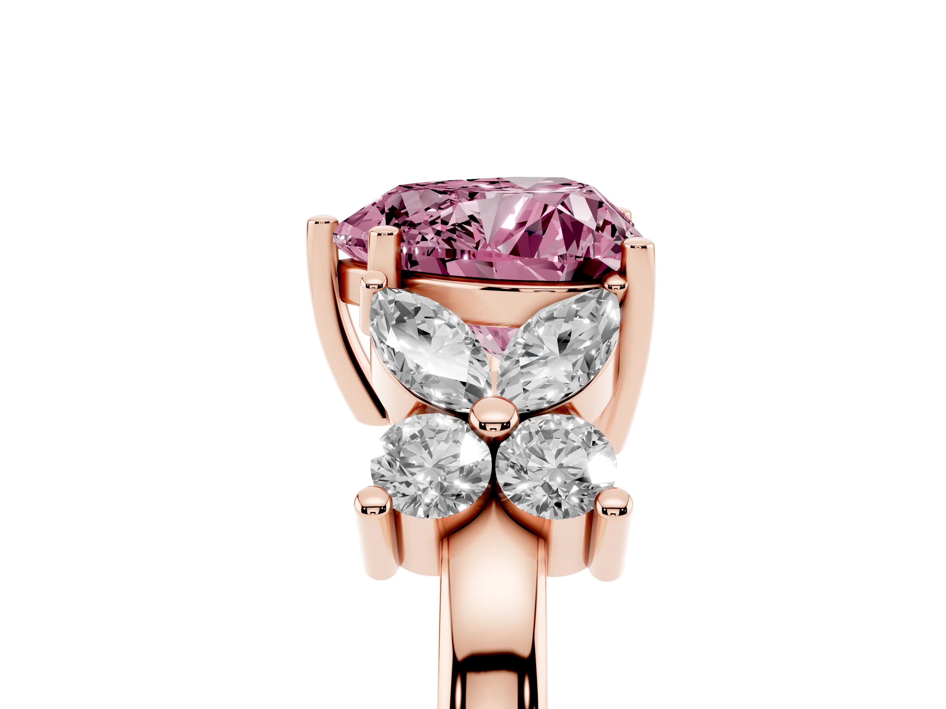 Fancy Pink Heart Cut Diamond Floral Cluster Ring Set in Rose gold with Marquise Petals and Prong Setting