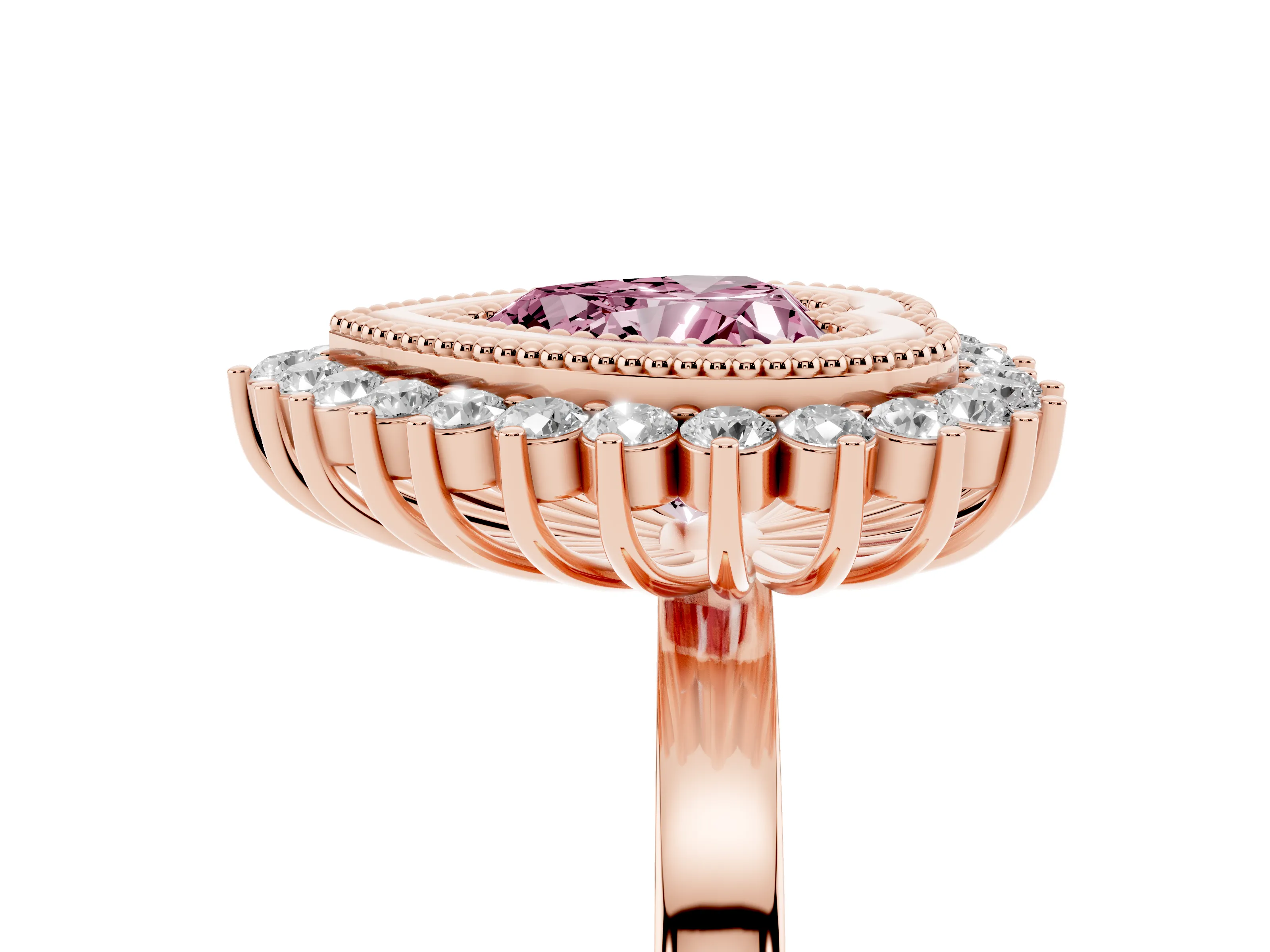 Fancy Pink Heart Cut Diamond Halo Ring Set in Rose gold with Milgrain Edge and Round Prong Setting