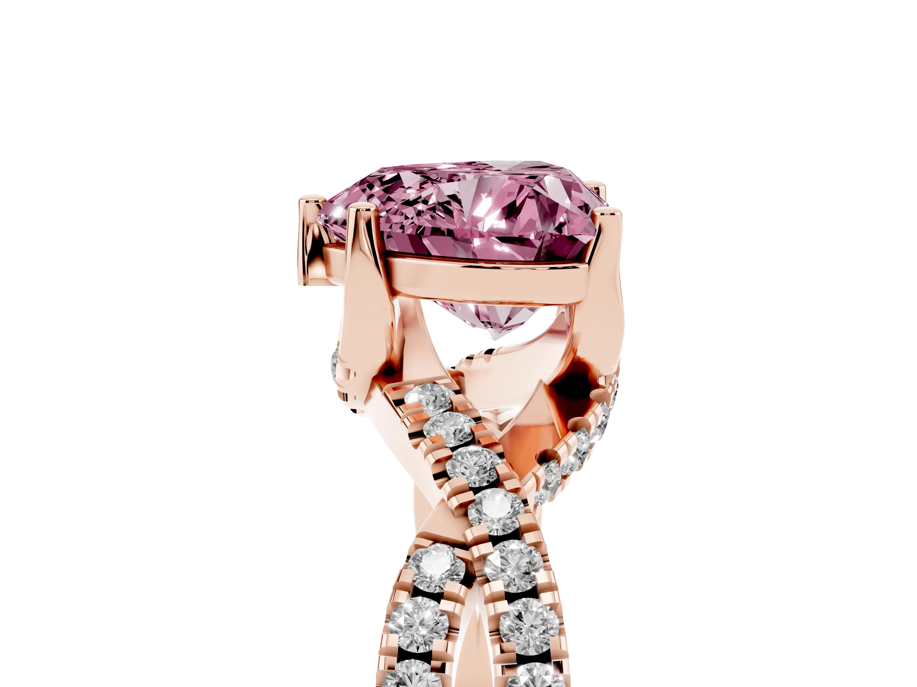 Fancy Pink Heart Cut Diamond Twist Pavé Solitaire Engagement Ring Set in Rose gold with Prong Setting