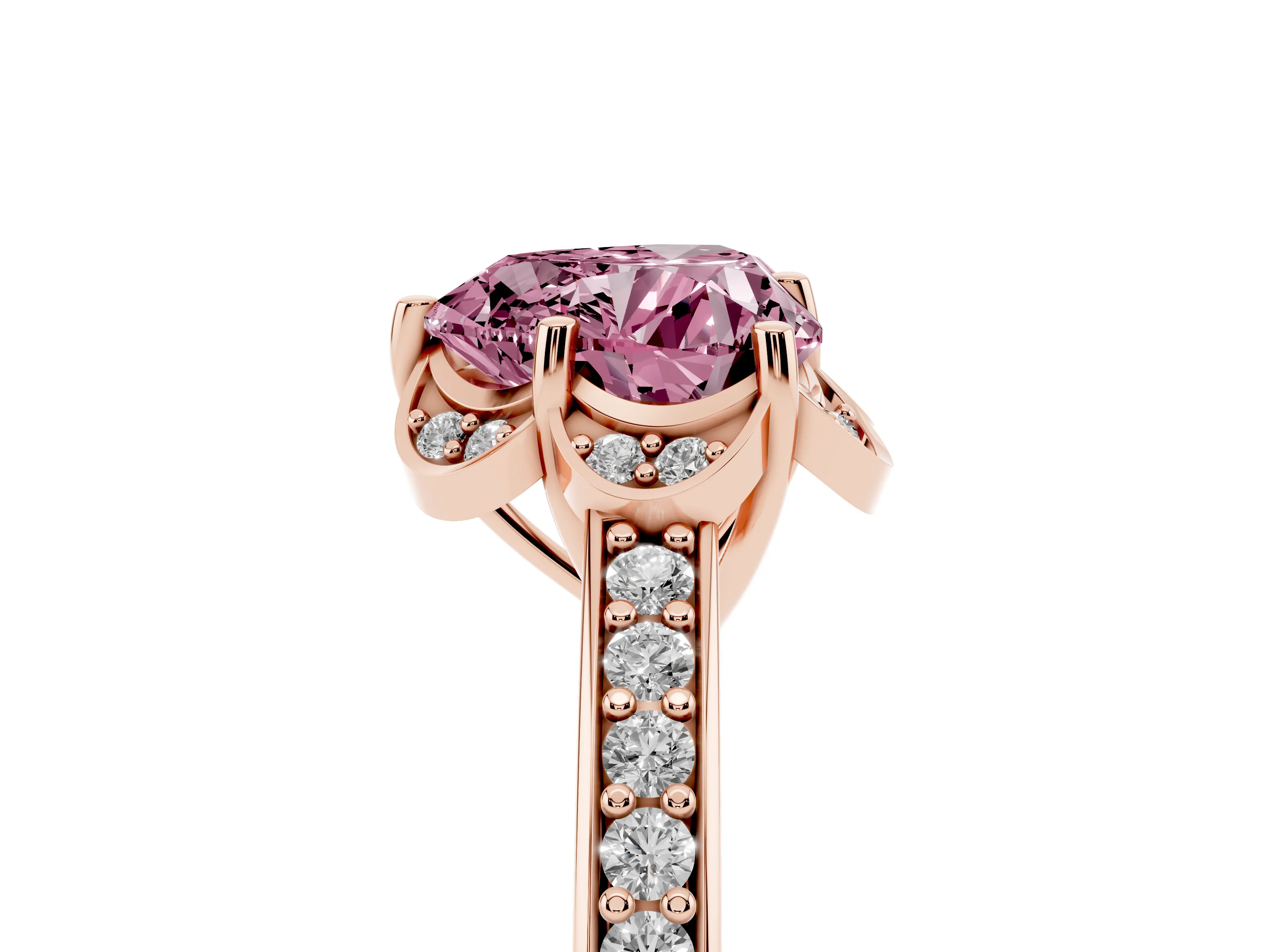Fancy Pink Heart Cut Diamond Halo Ring Set in Rose gold with Channel Set Band and Prong Setting