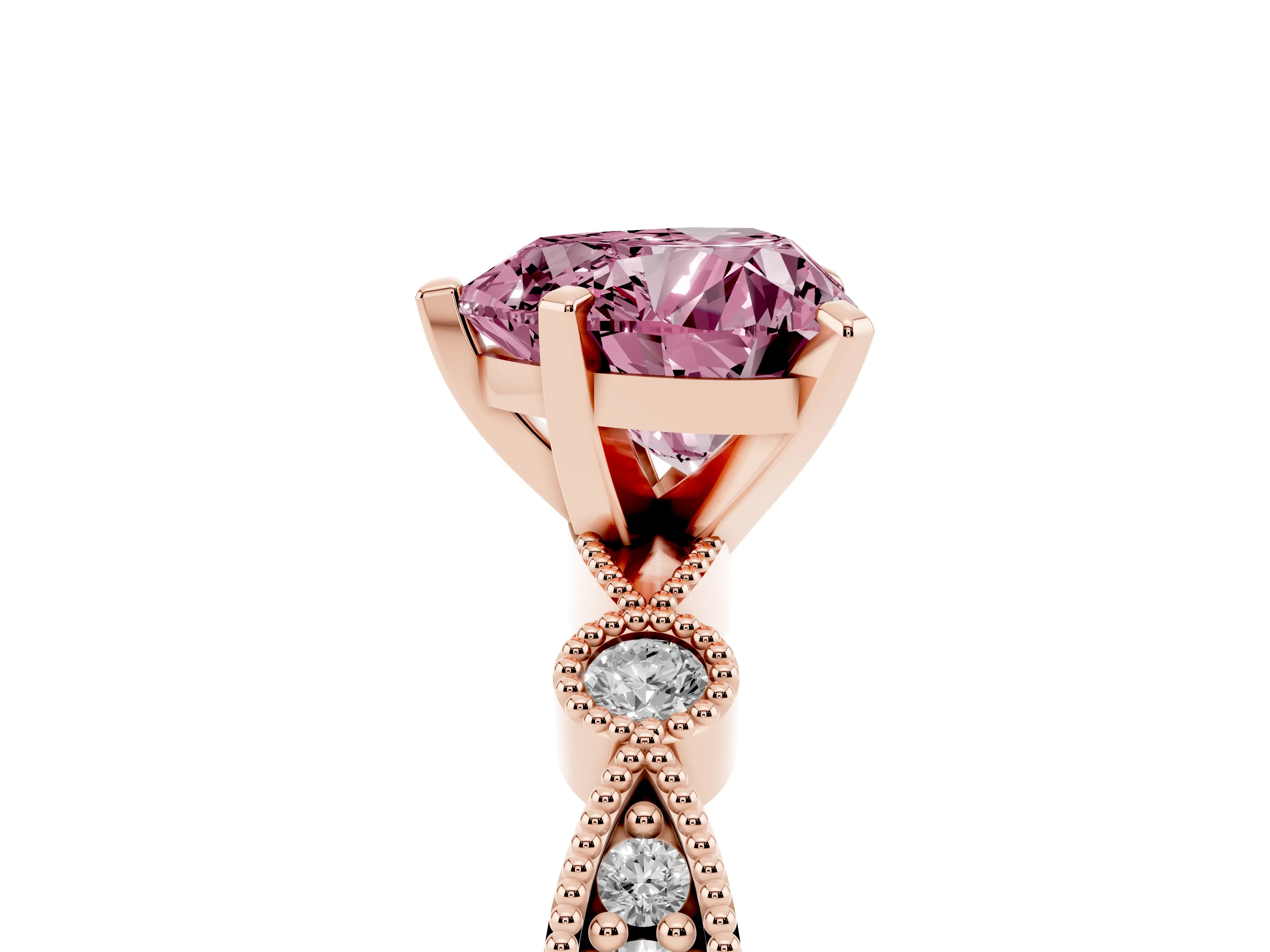 Fancy Pink Heart Cut Diamond Solitaire Engagement Ring Set in Rose gold with Milgrain Bezel Accent Band