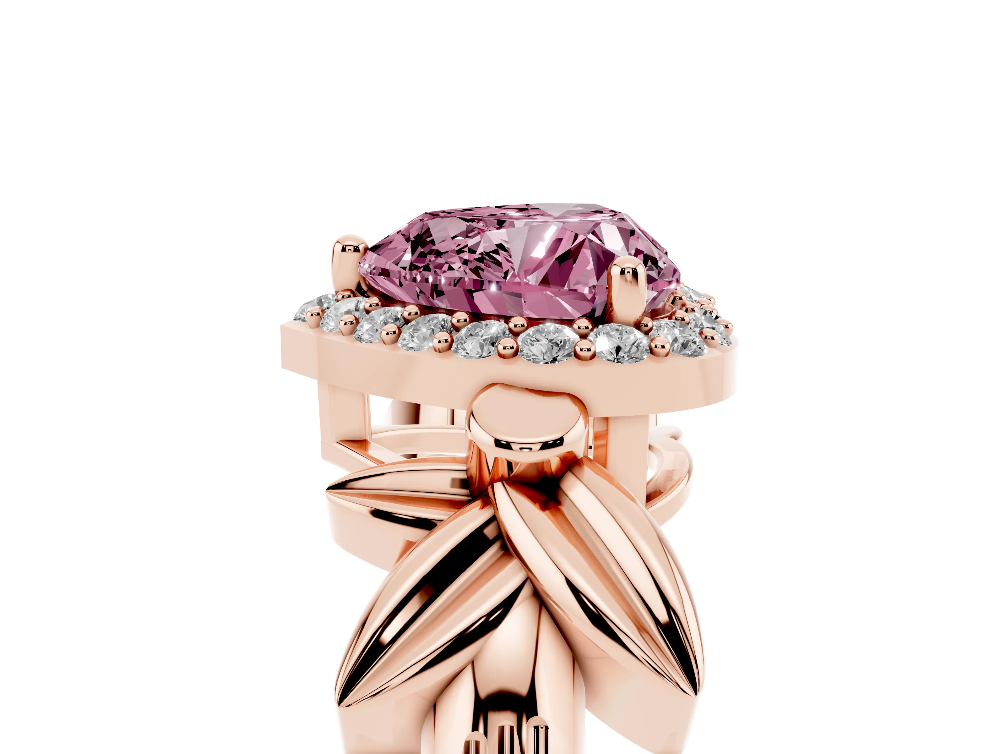 Fancy Pink Heart Cut Diamond Halo Floral Band Ring Set in Rose gold with Prong Setting