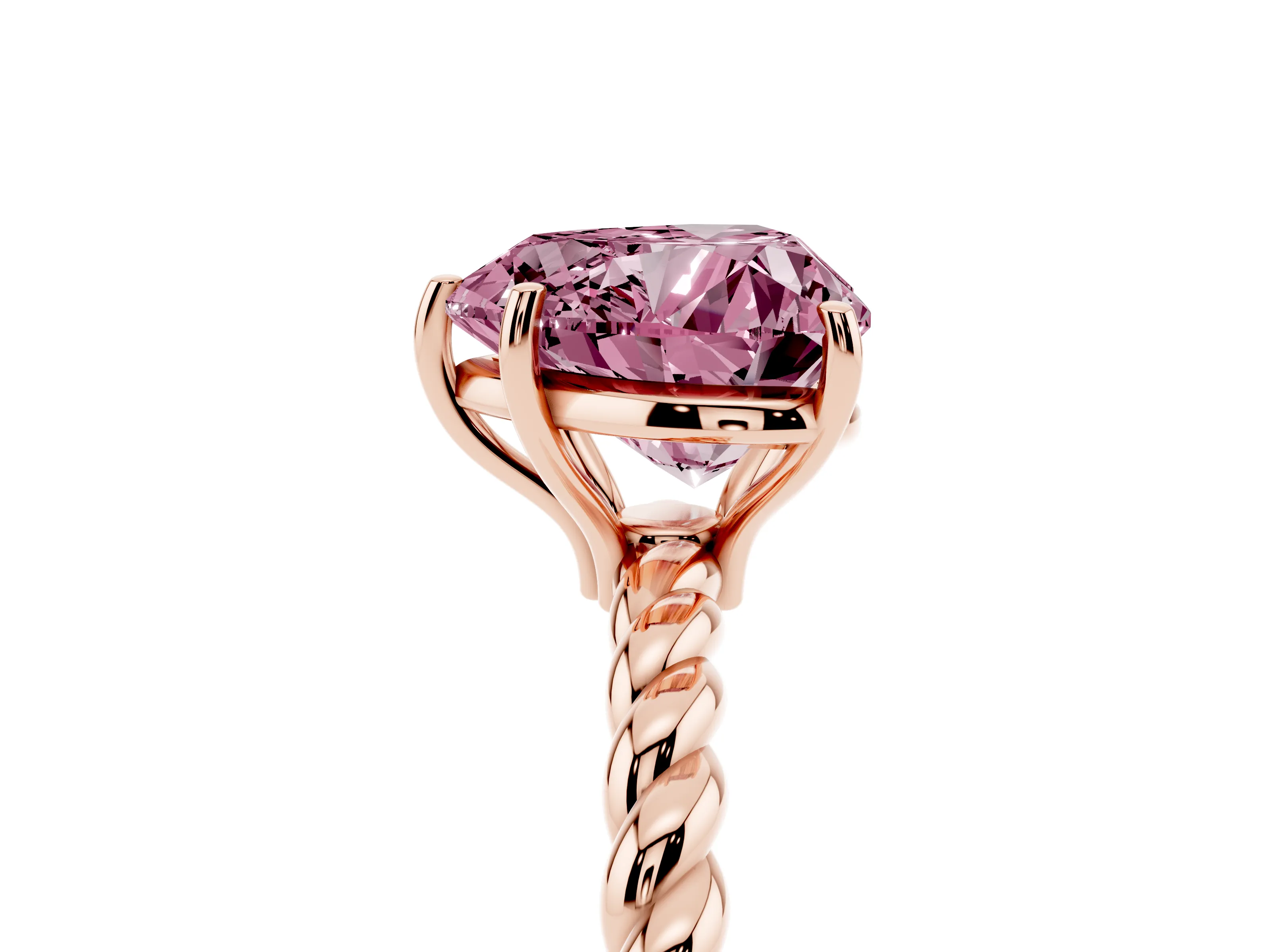 Fancy Pink Heart Cut Diamond Solitaire Ring Set in Rose gold with Twist Band and Prong Setting