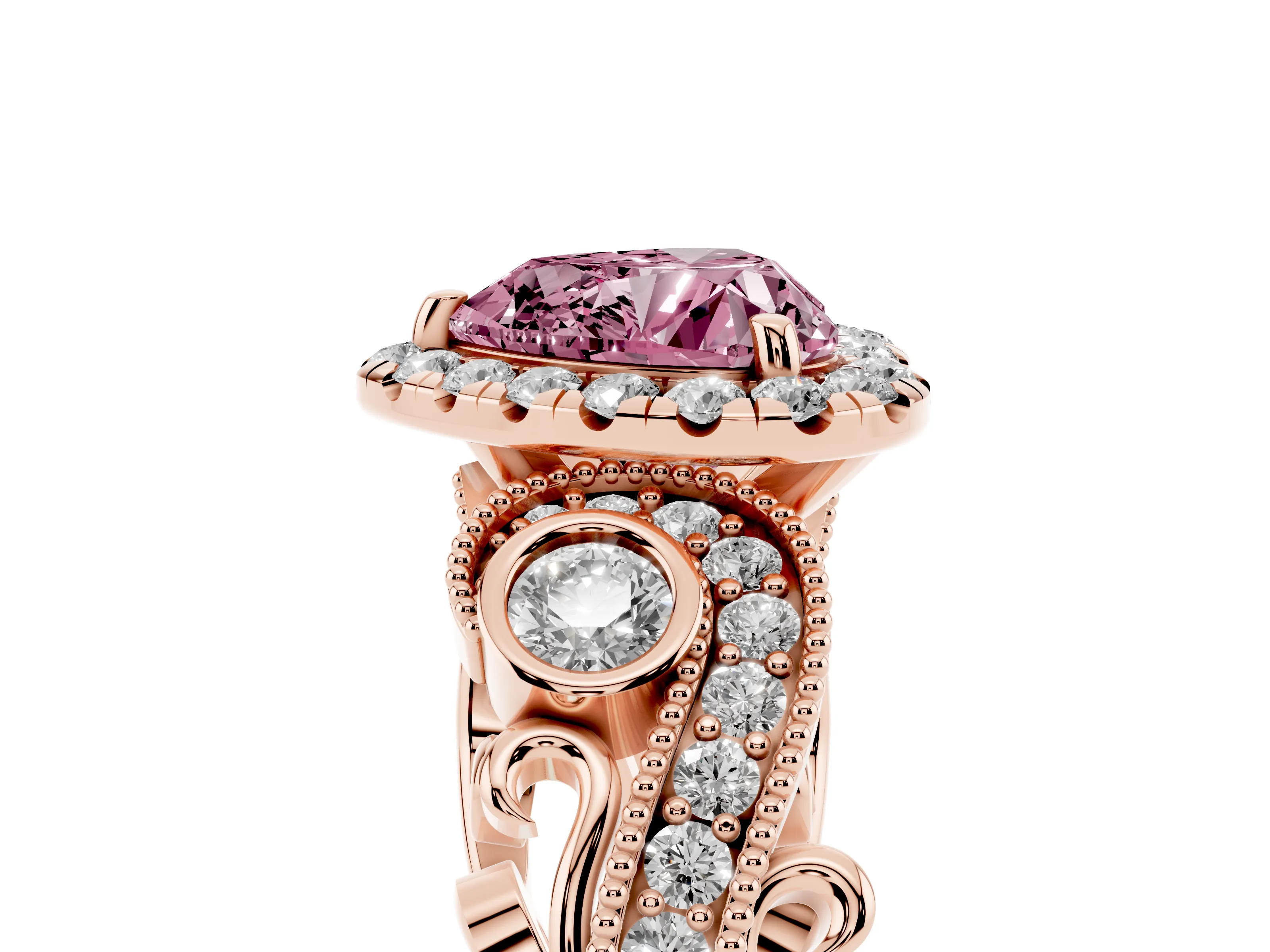 Fancy Pink Heart Cut Diamond Halo Ring Set in Rose gold with Milgrain Pavé Band and Prong Setting