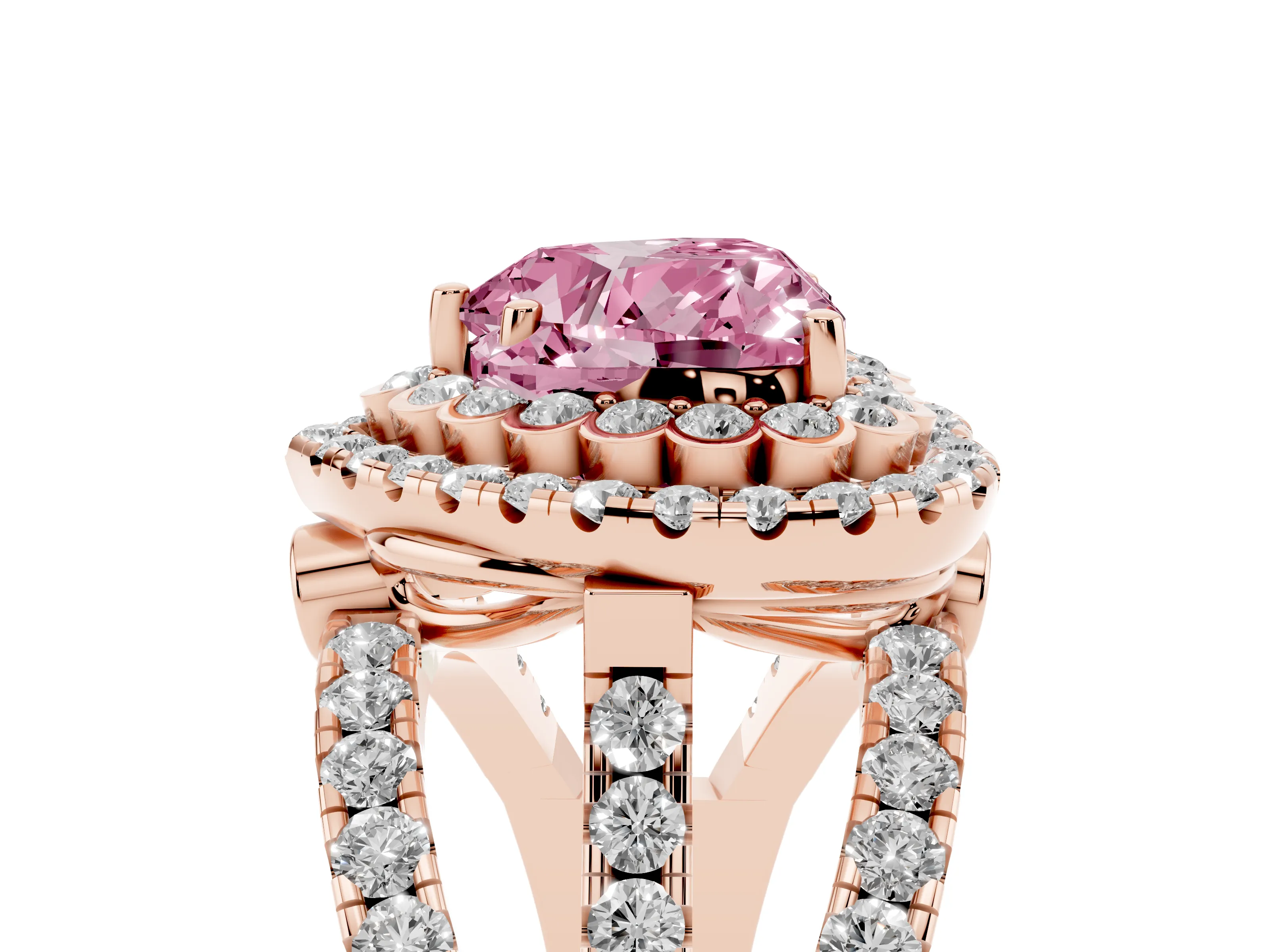 Fancy Pink Heart Cut Diamond Double Halo Ring Set in Rose gold with Round Pavé Split Shank