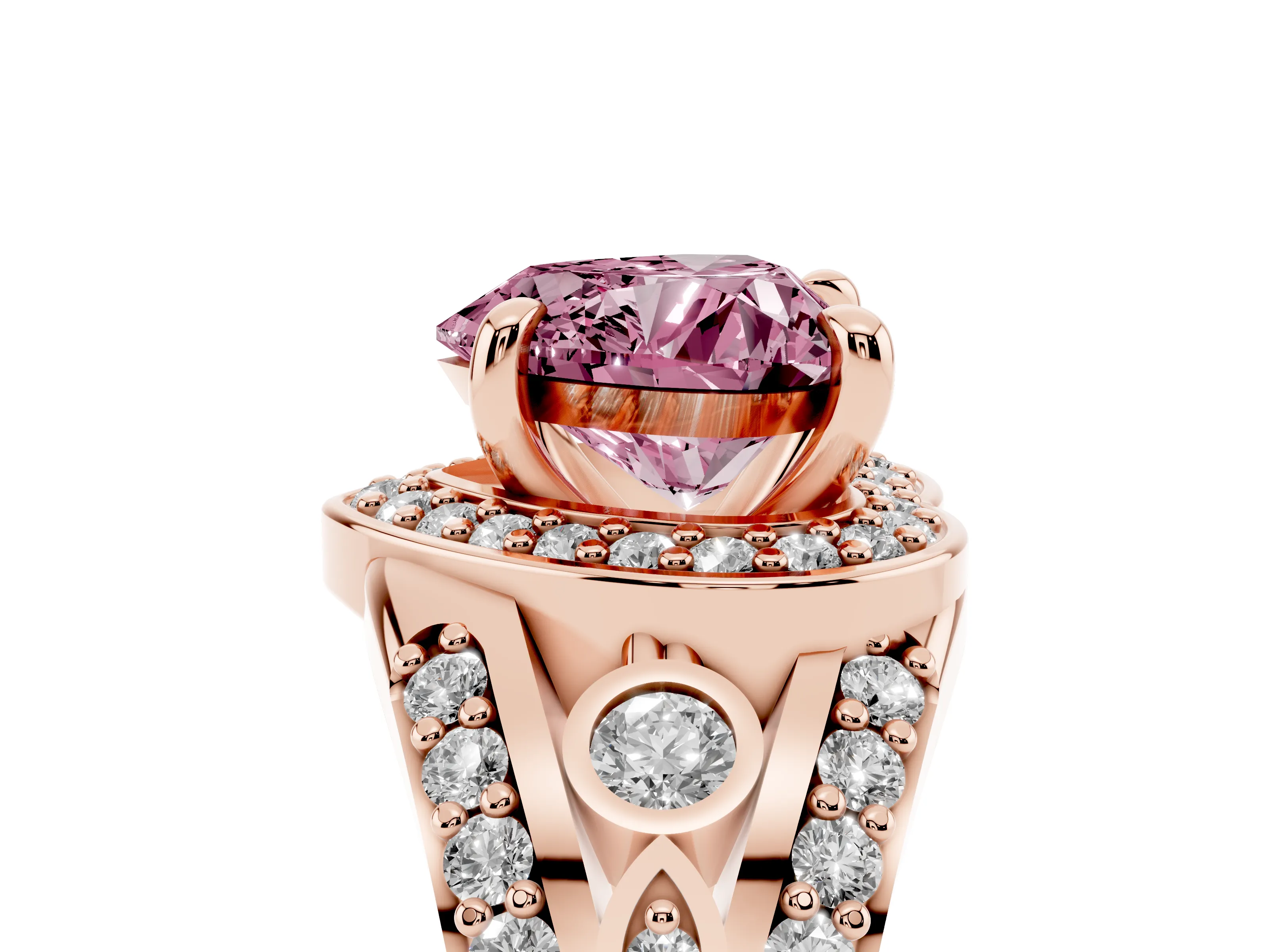 Fancy Pink Heart Cut Diamond Halo Ring Set in Rose gold with Pavé Split Shank and Bezel Accents