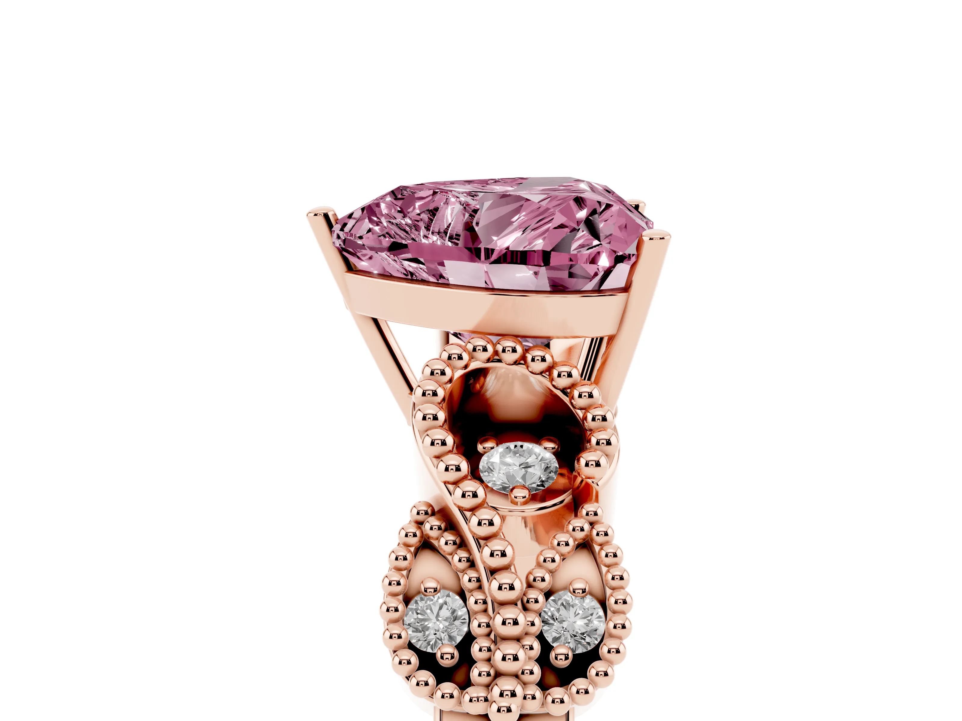 Fancy Pink Heart Cut Diamond Milgrain Leaf Band Solitaire Ring Set in Rose gold with Accent Stones and Prong Setting
