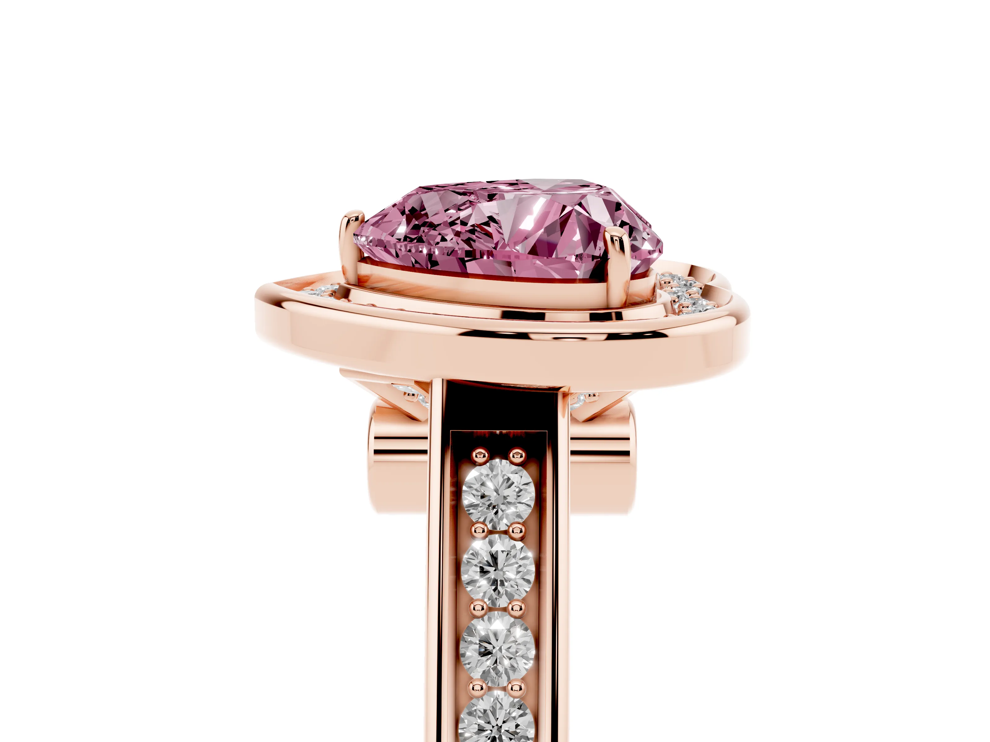 Fancy Pink Heart Cut Diamond Halo Solitaire Ring Set in Rose gold with Pavé Band and Bezel Setting