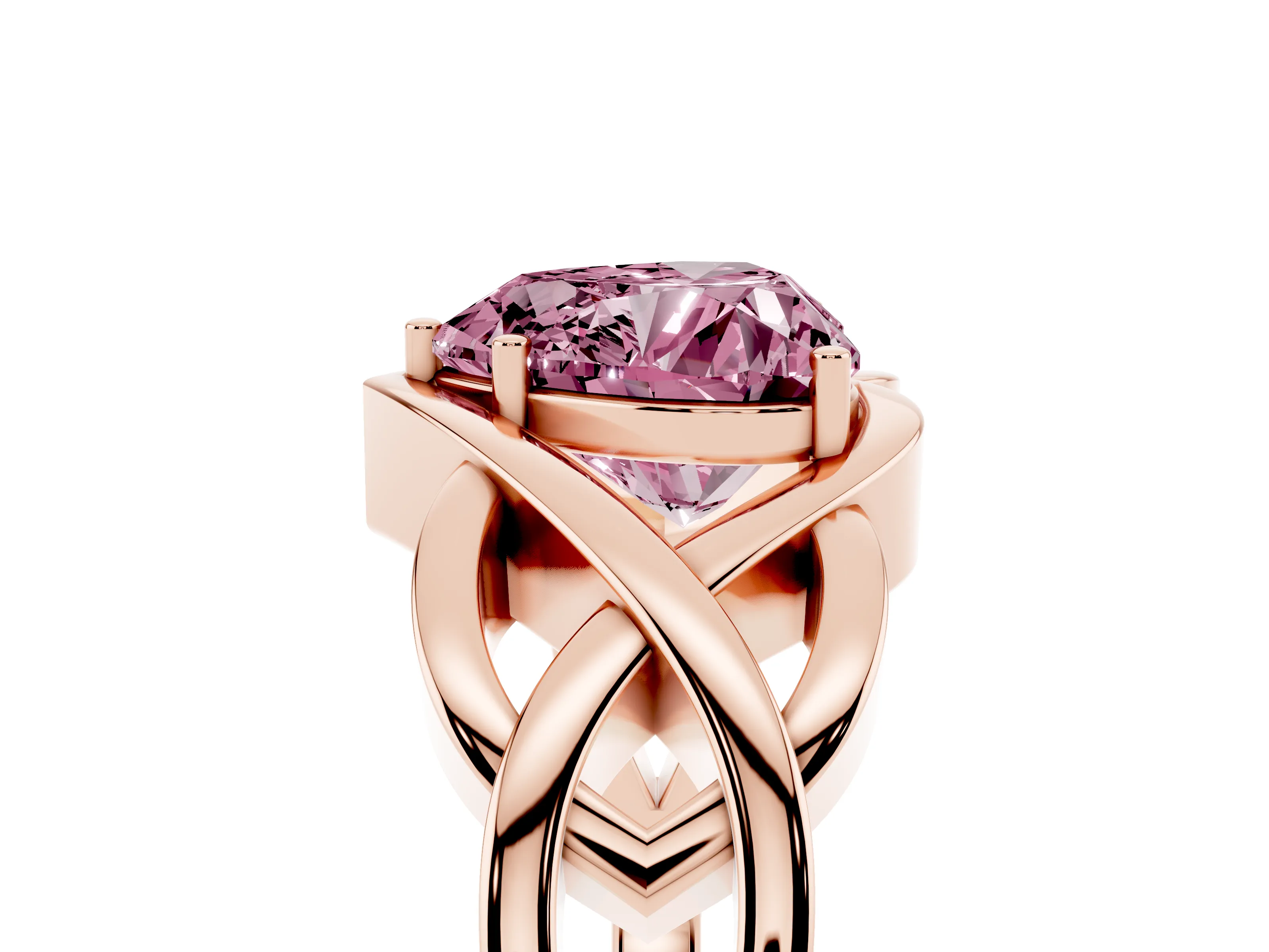 Fancy Pink Heart Cut Diamond Solitaire Ring Set in Rose gold with Intertwined Band