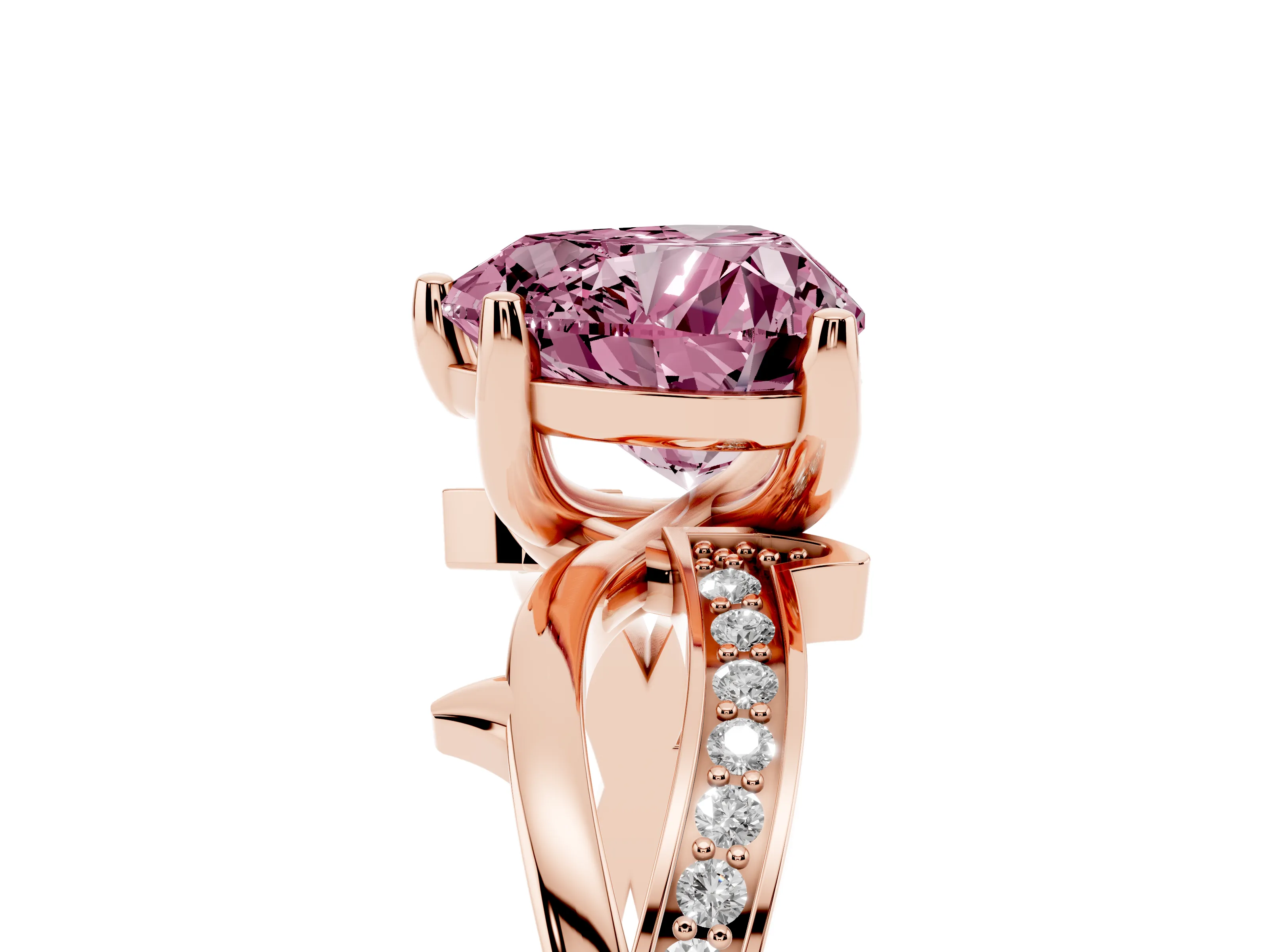 Fancy Pink Heart Cut Diamond Pavé Twist Band Solitaire Ring Set in Rose gold with Prong Setting