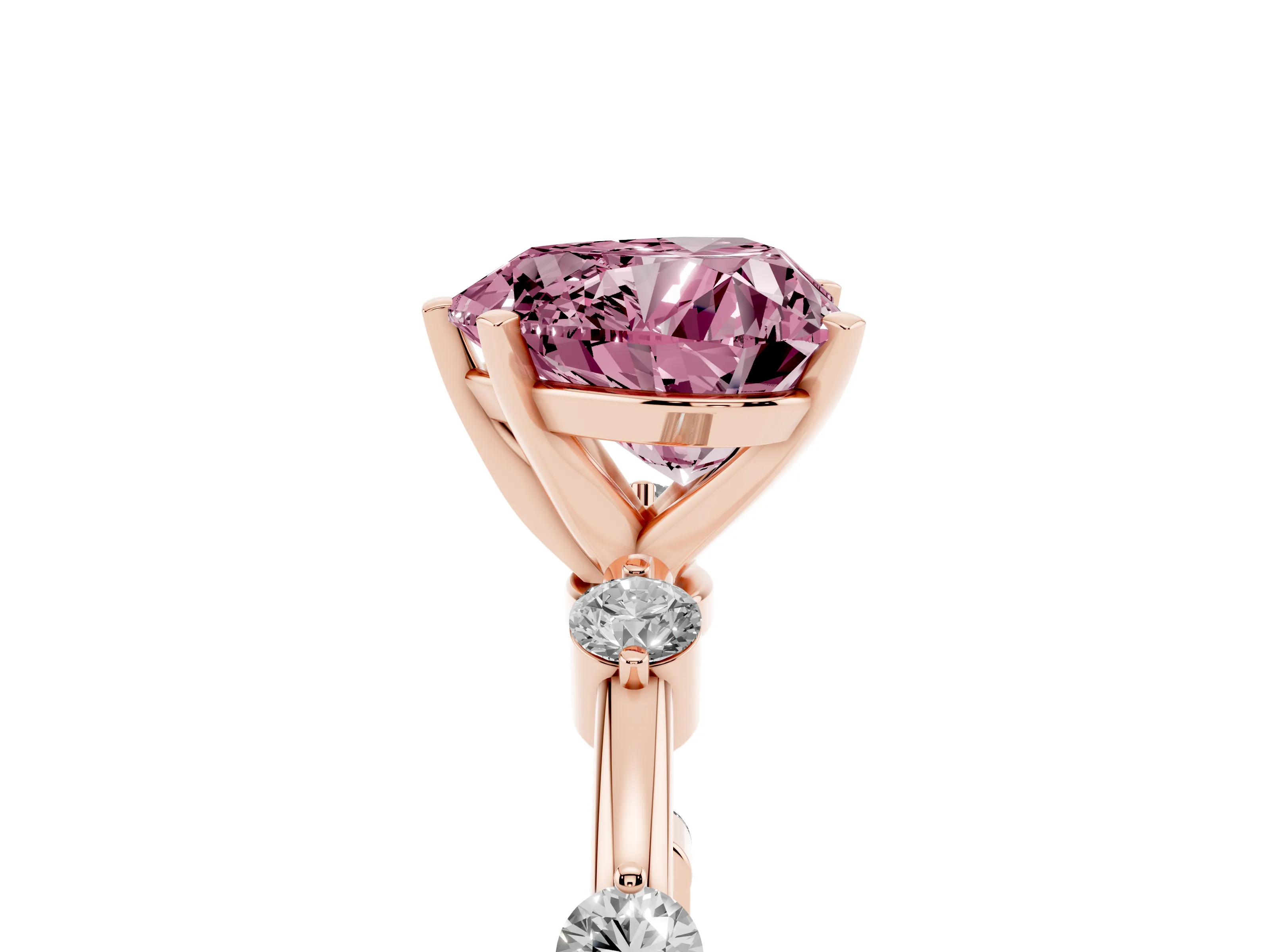 Fancy Pink Heart Cut Diamond Solitaire Ring Set in Rose gold with Bezel Set Side Stones and Prong Setting