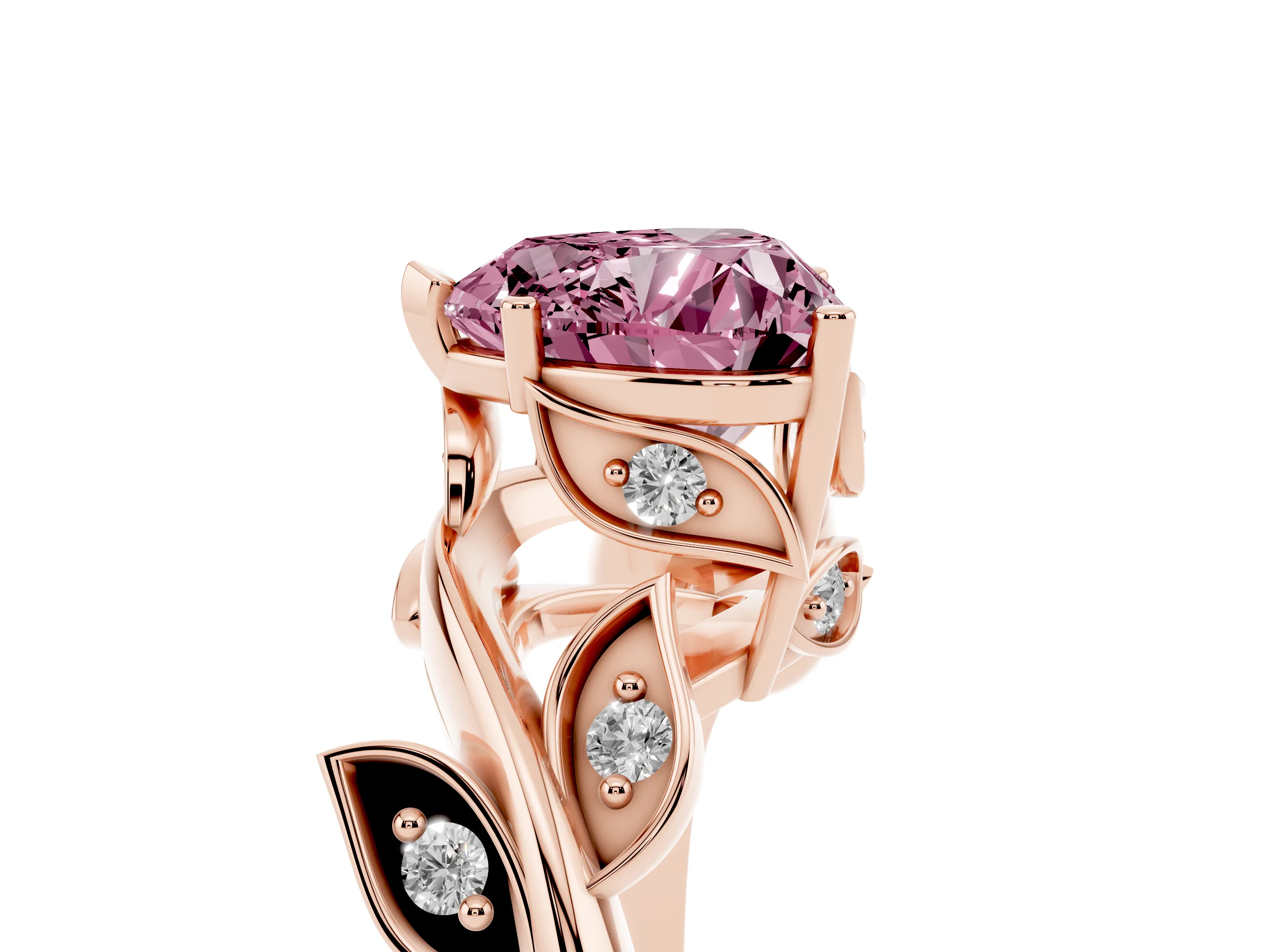 Fancy Pink Heart Cut Diamond Solitaire Twist Engagement Ring Set in Rose gold with Pavé Leaf Accents