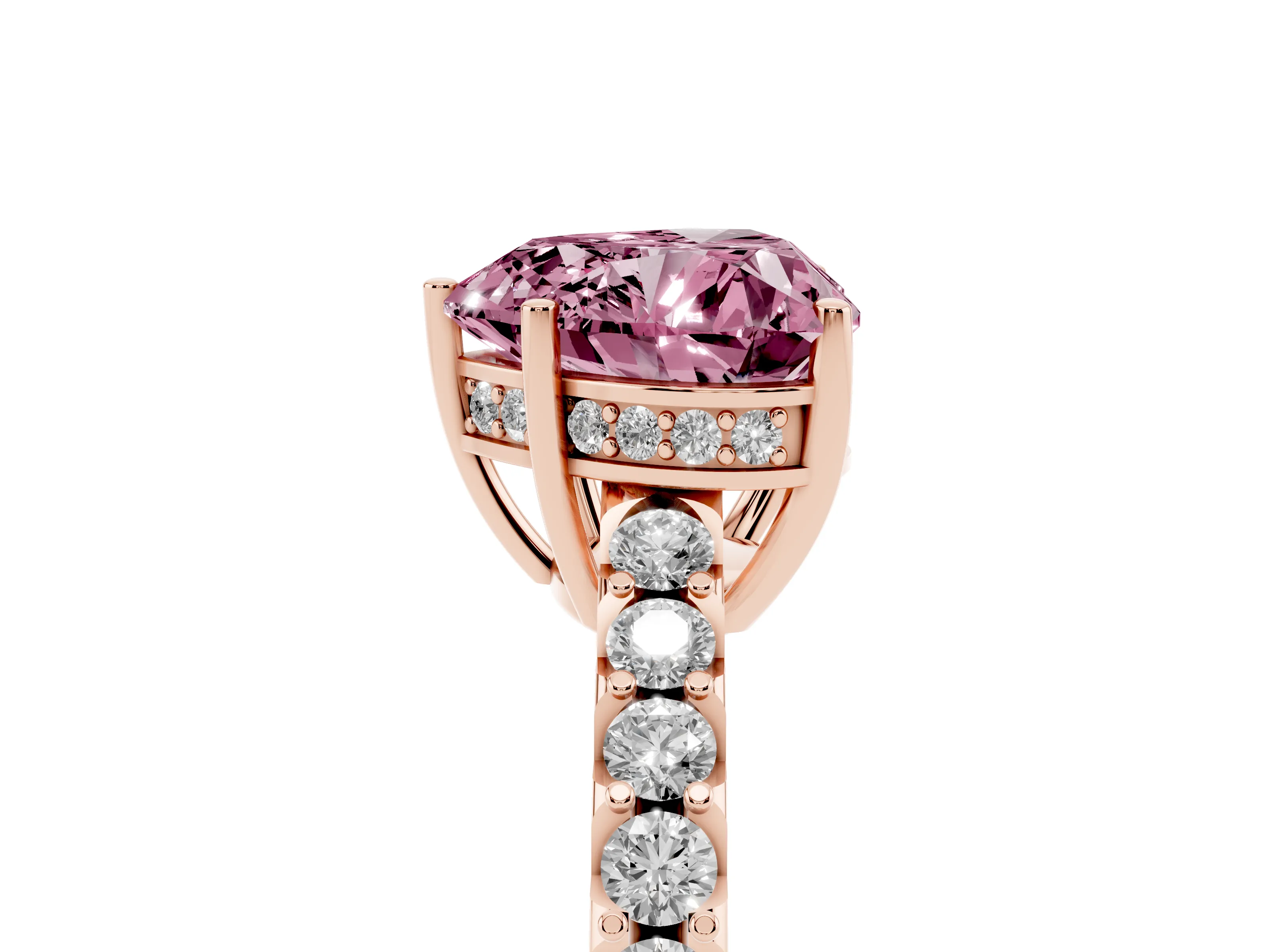 Fancy Pink Heart Cut Diamond Solitaire Engagement Ring Set in Rose gold with Pavé Band and Prong Setting