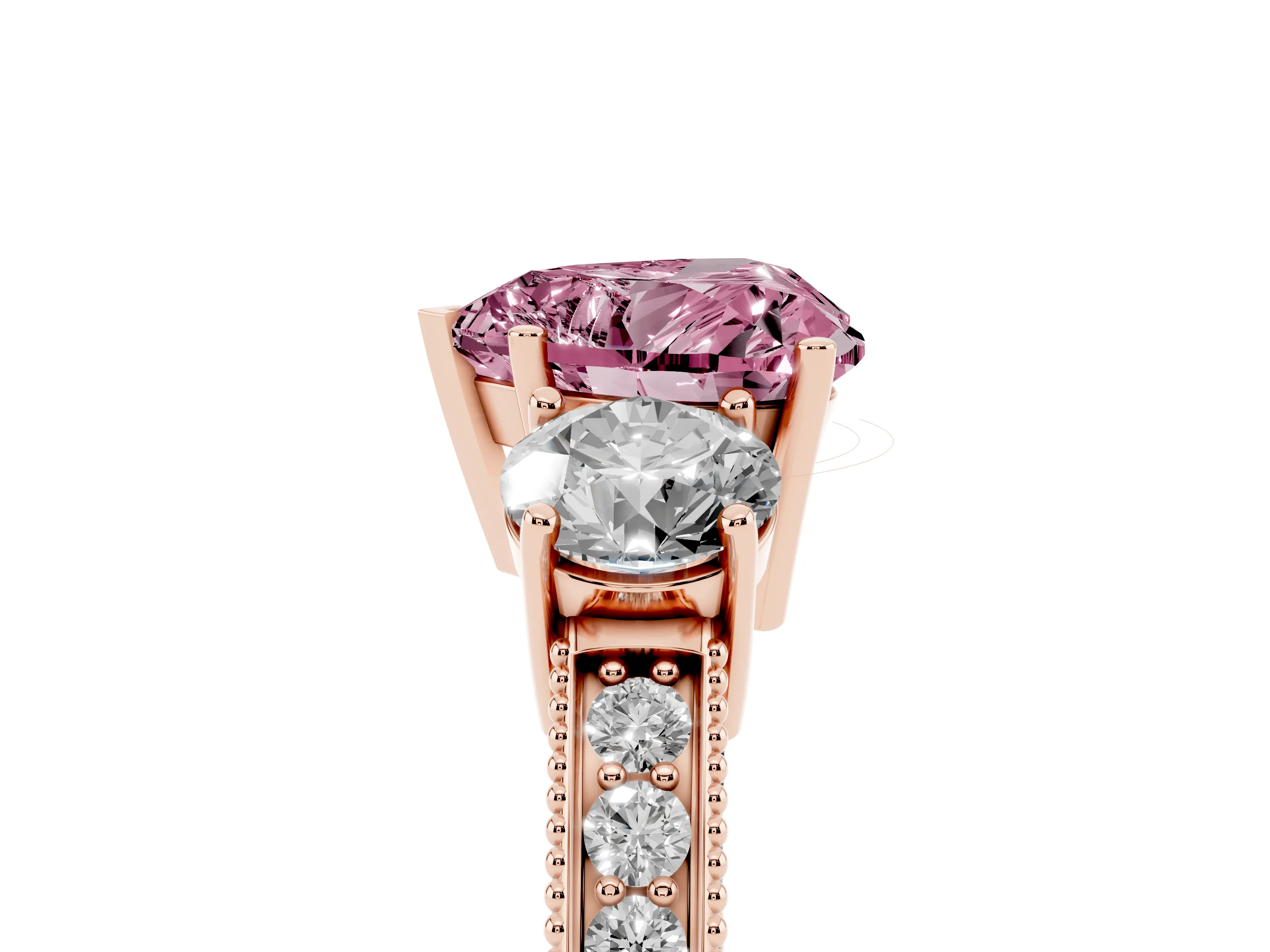 Fancy Pink Heart Cut Diamond Three-Stone Ring Set in Rose gold with Round Side Stones and Pavé Band
