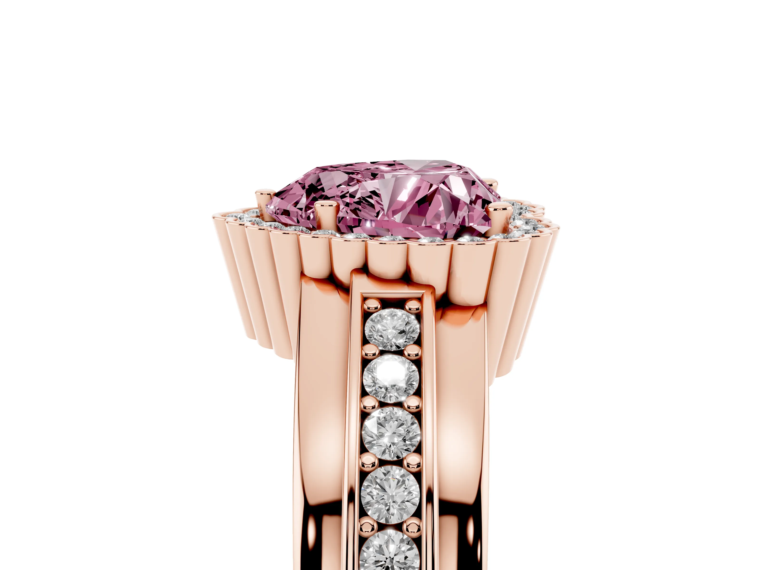 Fancy Pink Heart Cut Diamond Halo Prong Ring Set in Rose gold with Pavé Band