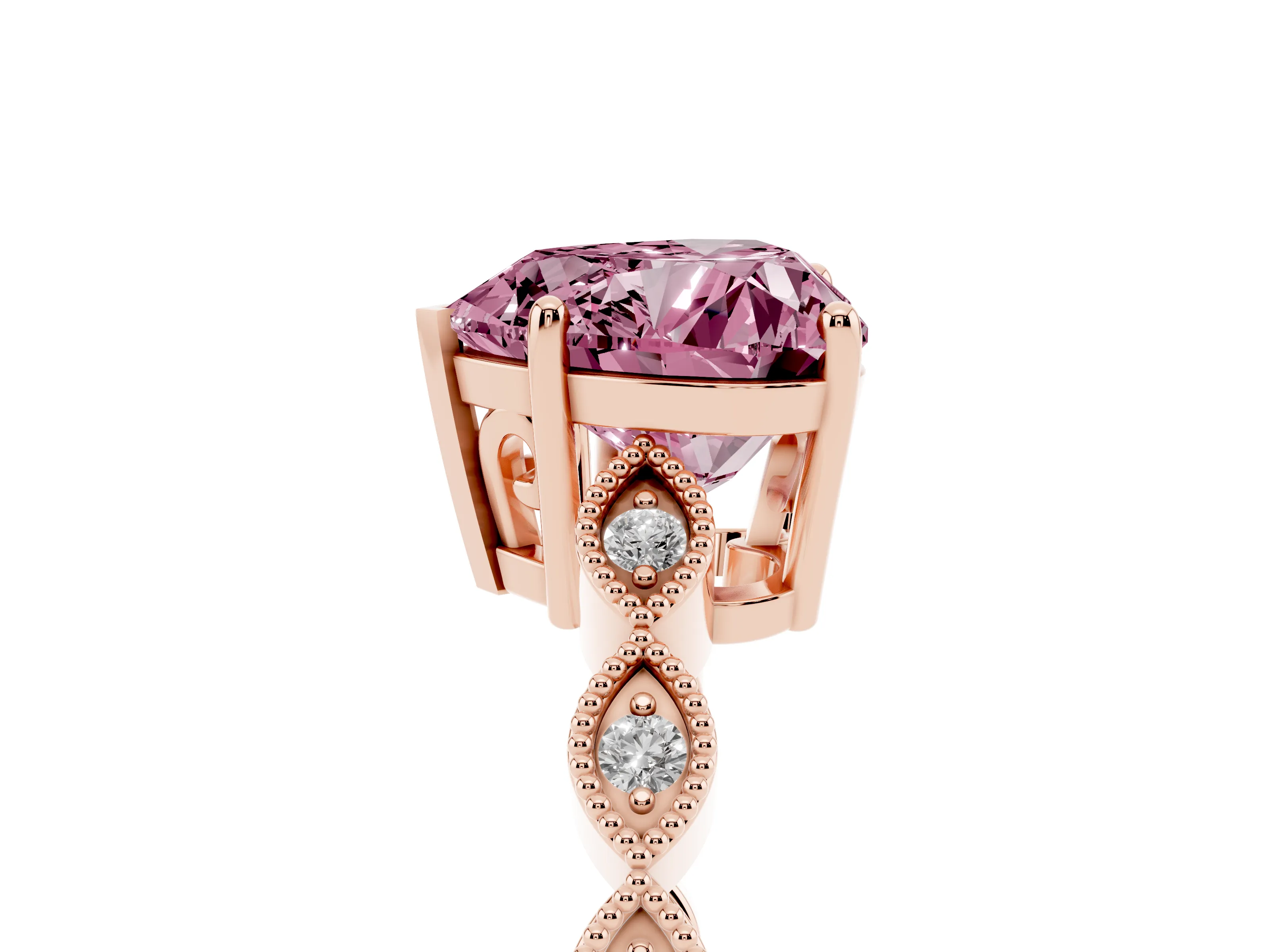Fancy Pink Heart Cut Diamond Solitaire Ring Set in Rose gold with Infinity Twist Pavé Band