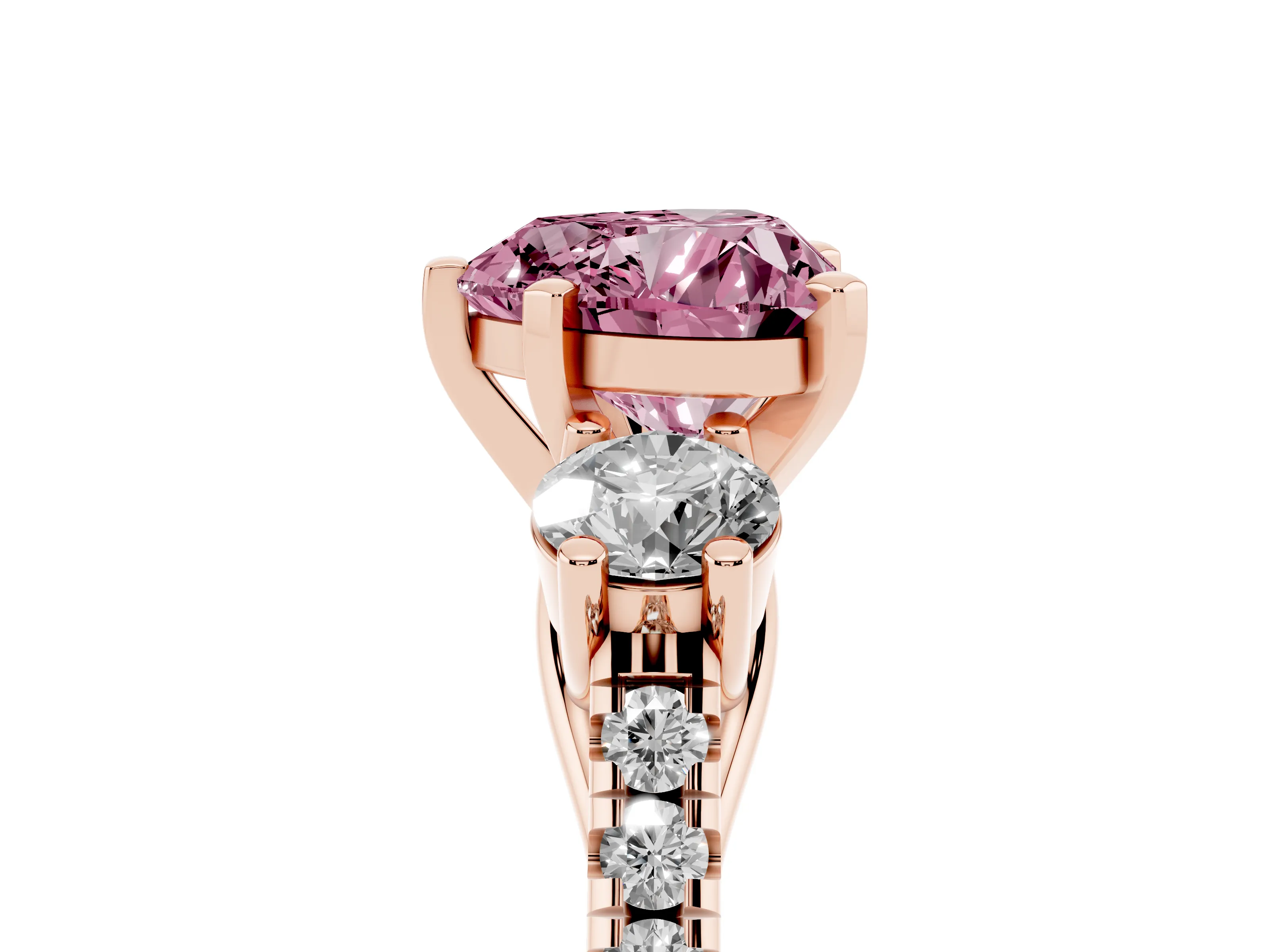 Fancy Pink Three-Stone Heart Cut Diamond Pavé Band Ring Set in Rose gold with Prong-Set Trio