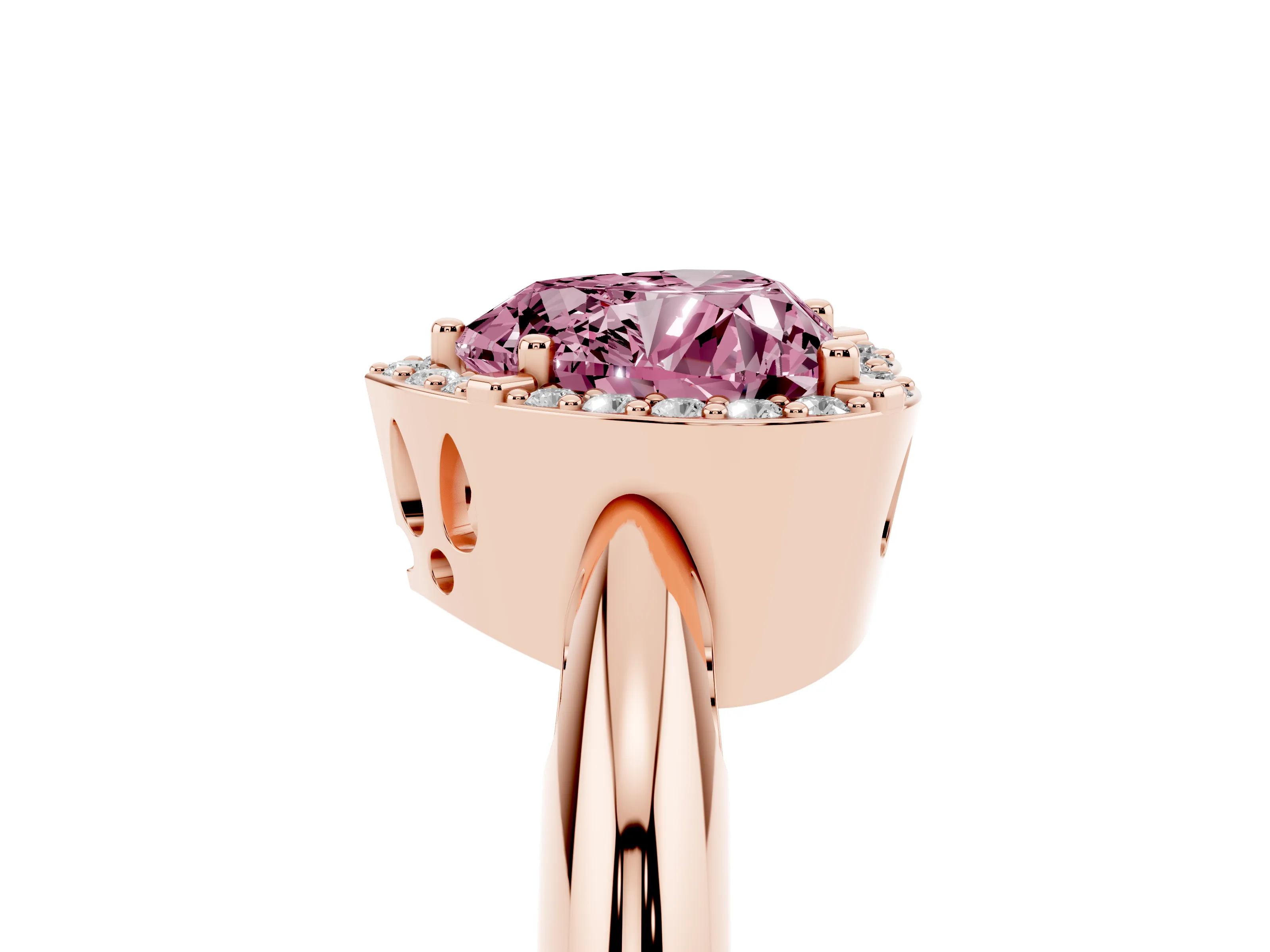Fancy Pink Heart Cut Diamond Halo Engagement Ring Set in Rose gold with Plain Split Shank and Prong Setting