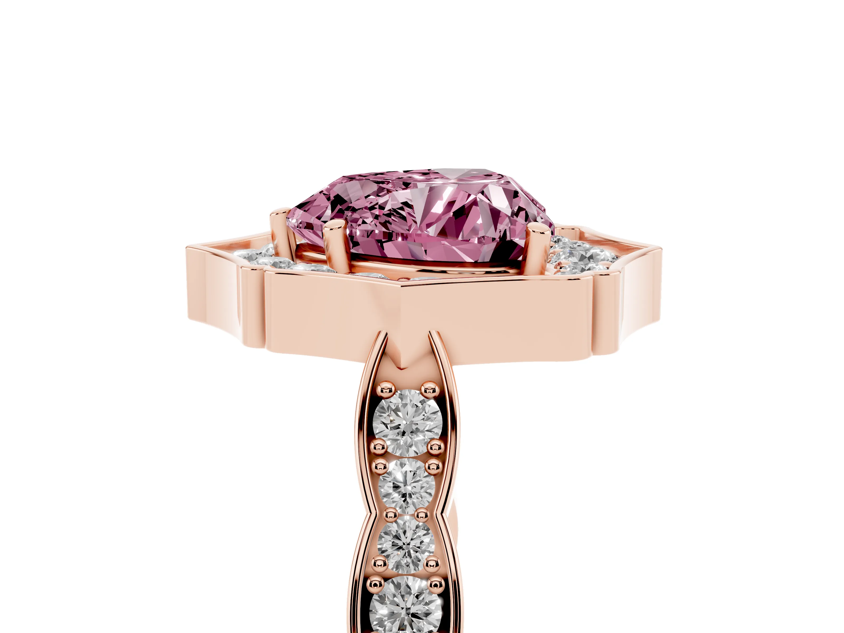 Fancy Pink Heart Cut Diamond Halo Engagement Ring Set in Rose gold with Milgrain Band and Prong Setting
